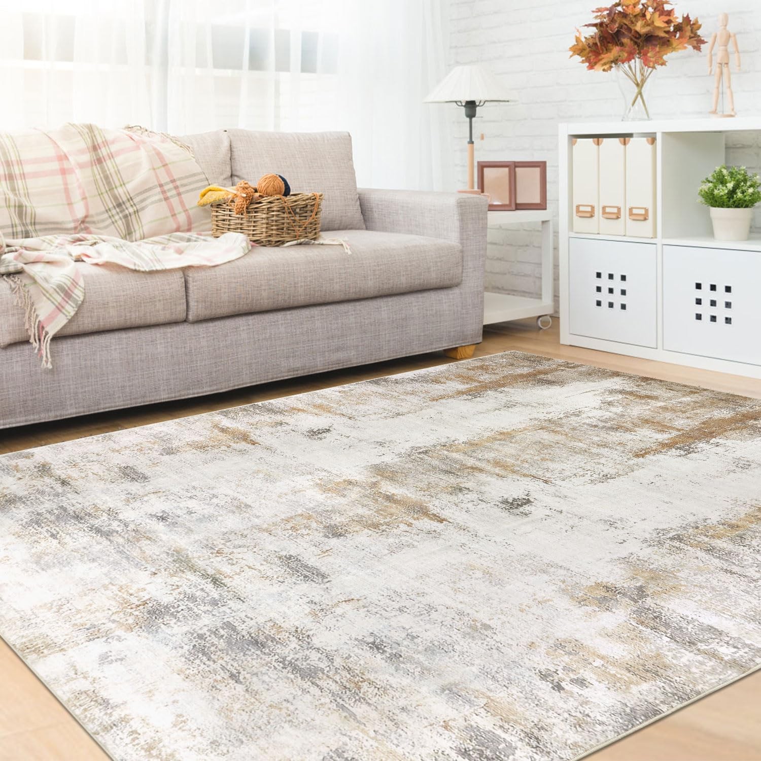 5×8 Area Rug, Abstract Washable Rugs for Living Room Low Pile Neutral Area Ru…