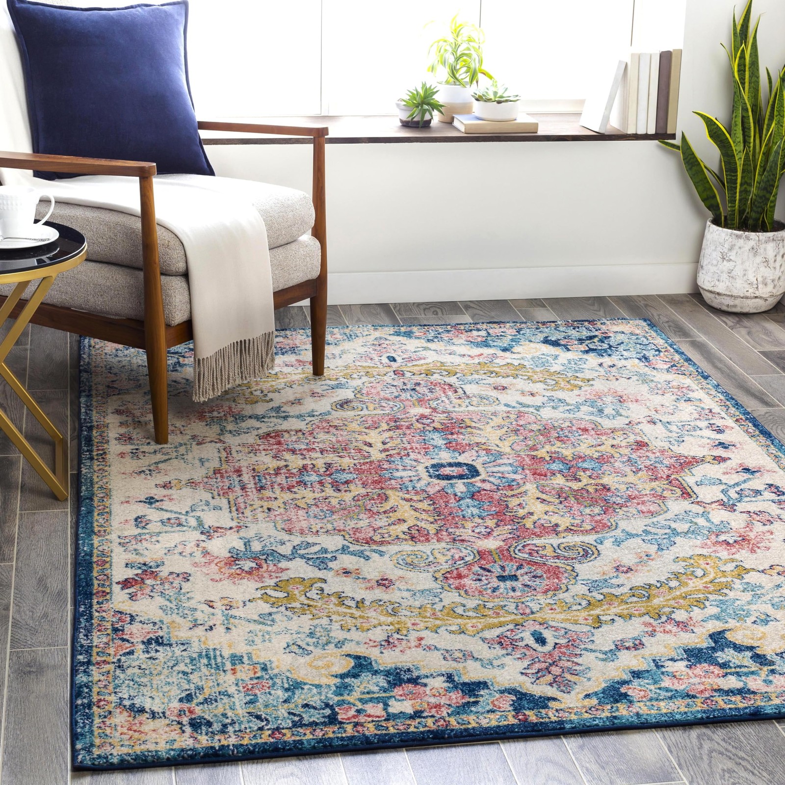 Livabliss – 7Ft Round Odelia Vintage Boho Aqua Burgandy Blue Round