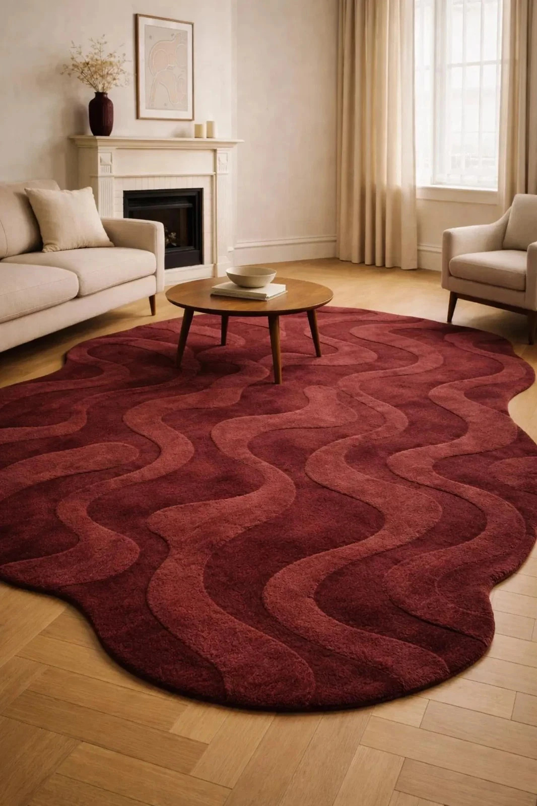 Burgundy Wave Area Rug – Hand Tufted Wool Modern Rug, Abstract Wavy Carpet.