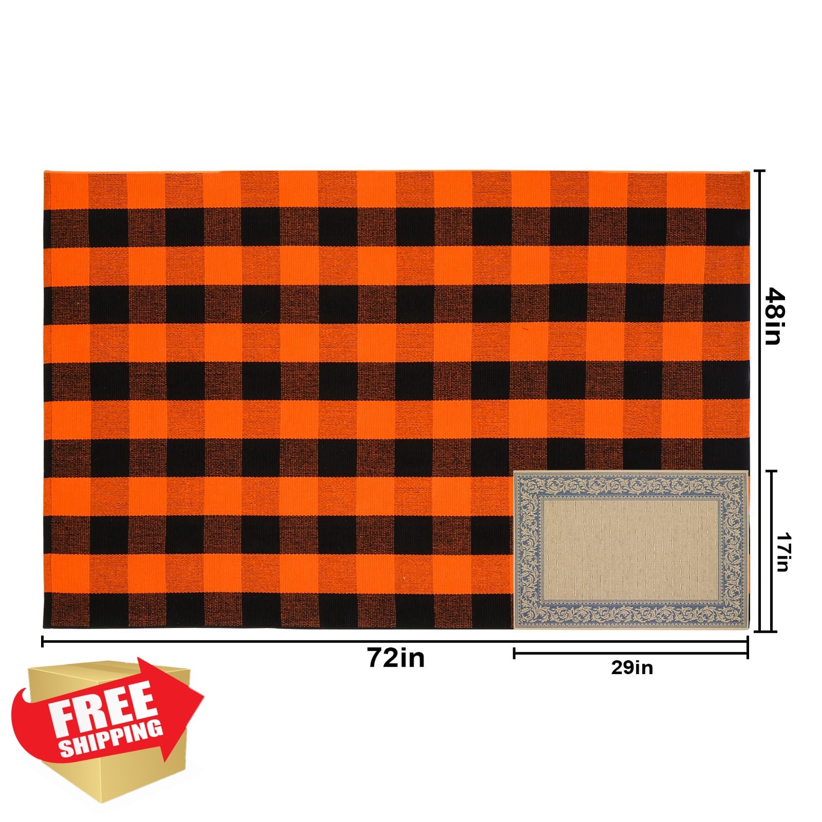 PIXFAIRY 4’x6′ Orange Black Plaid Cotton Rug