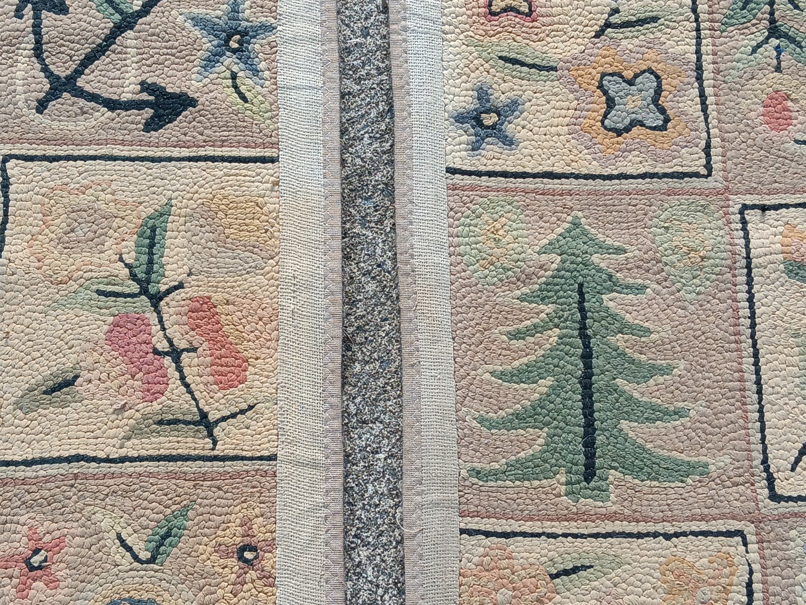 (2) Old & Worn Hooked Rugs /w Design Squares, Tree Ship – 26″ wide x 54″ & 58″