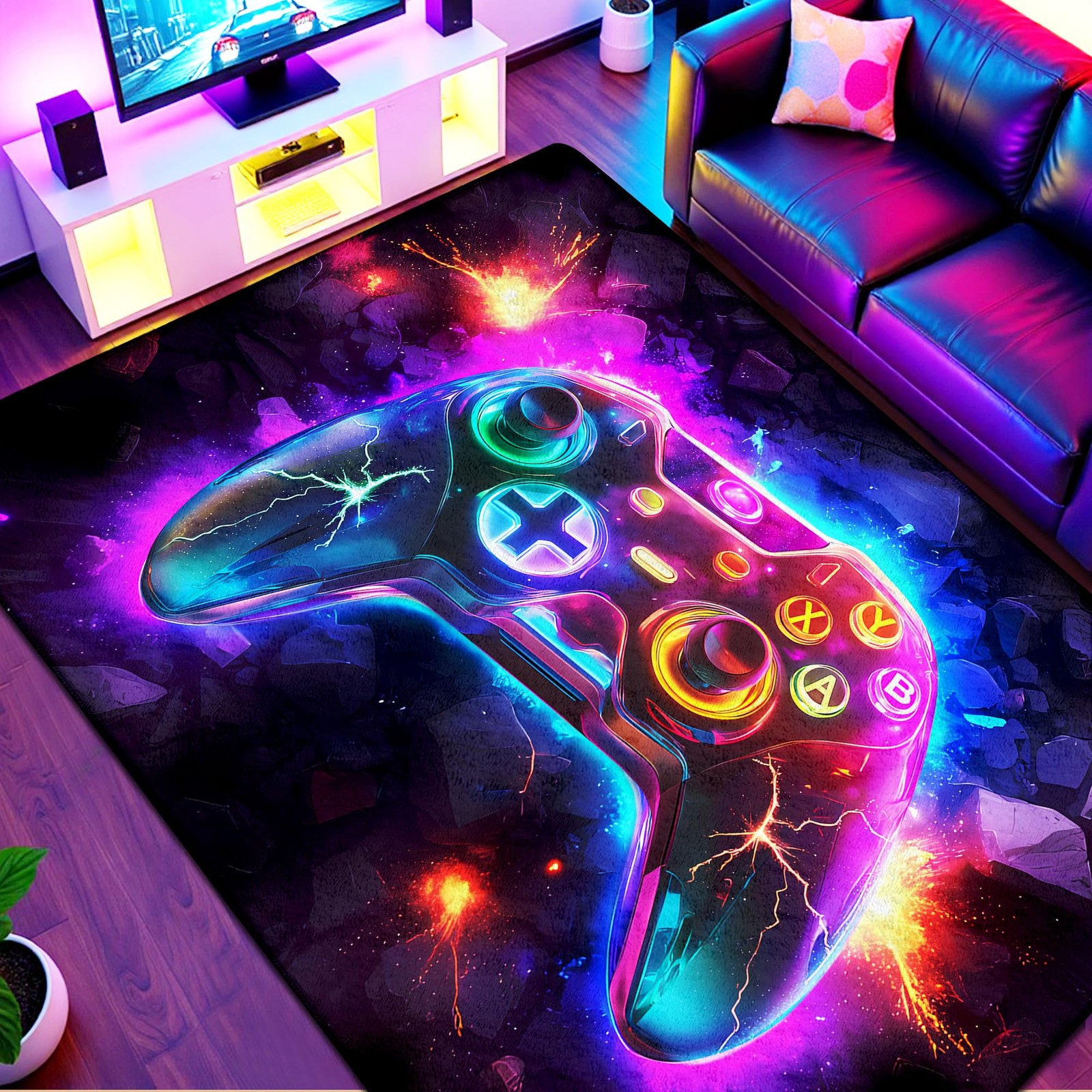 5×7 ft Neon Gaming Area Rug for Boys Room, Colorful Game Controller Carpet fo…