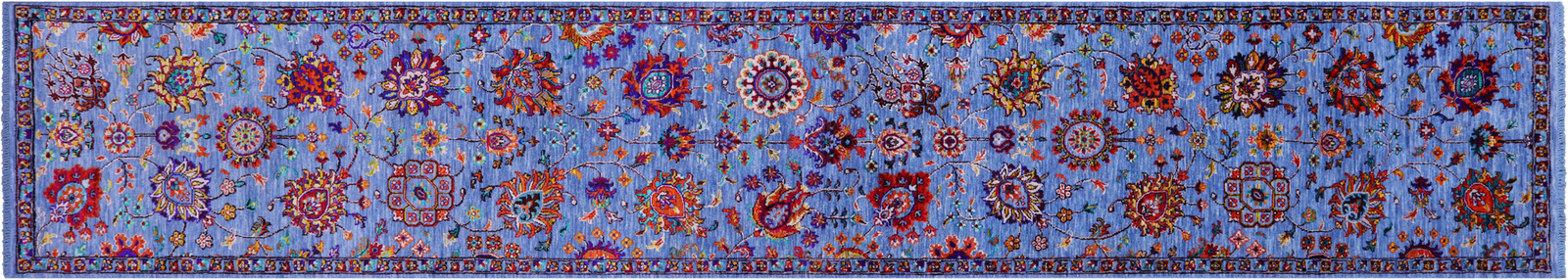 Blue 2′ 6″ X 14′ 0″ Traditional Hand Knotted Wool & Silk Runner Rug – Q23414