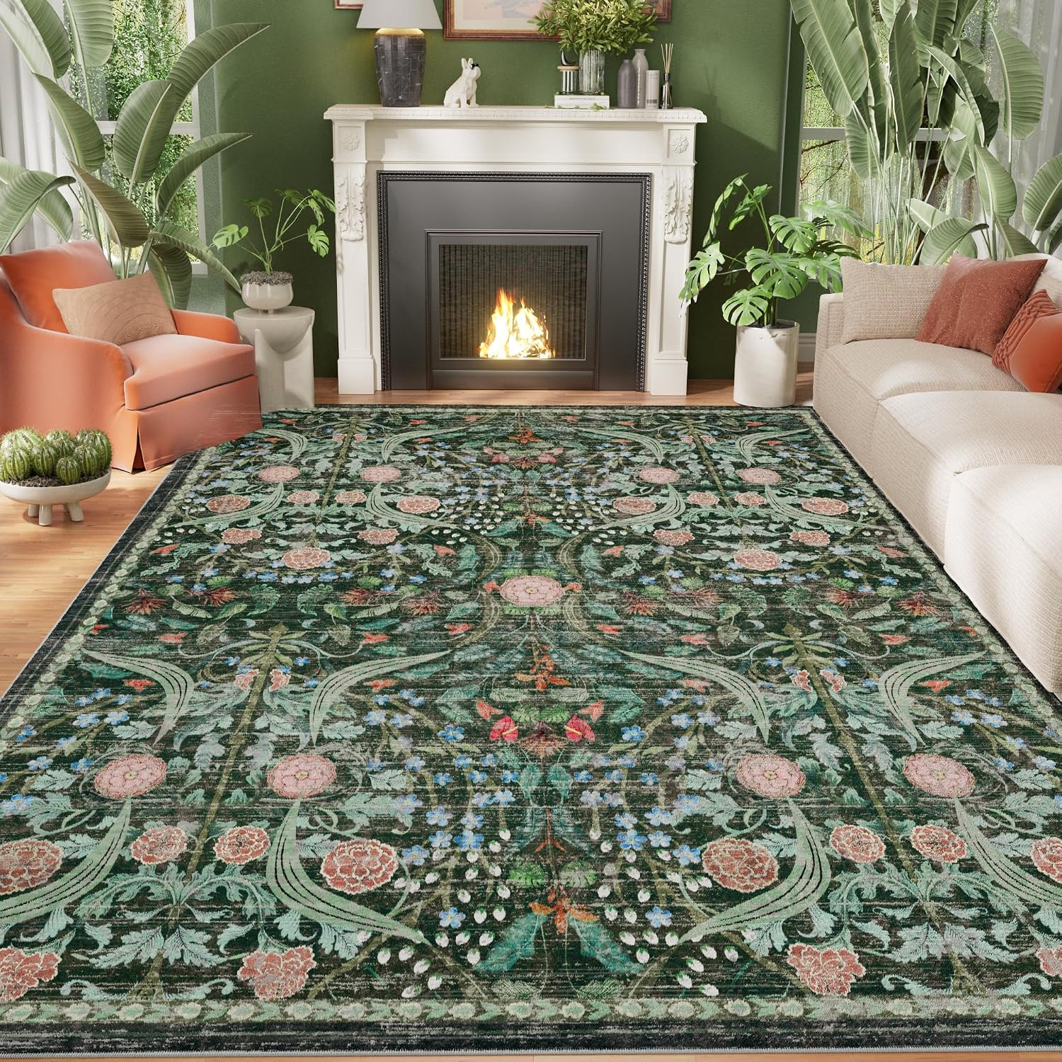 8×10 Washable Area Rug Non Slip Boho Floral Vintage Living Room Carpet Green