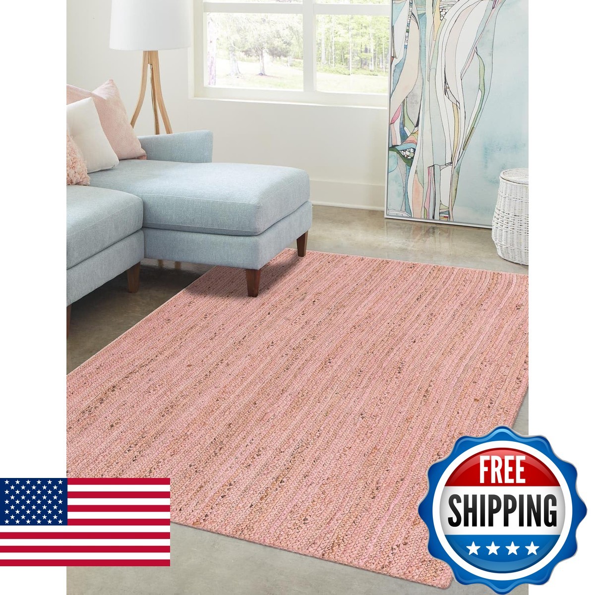Unique Loom Braided Jute Collection Area Rug – 5 1 X 8 Rectangle Light Pink