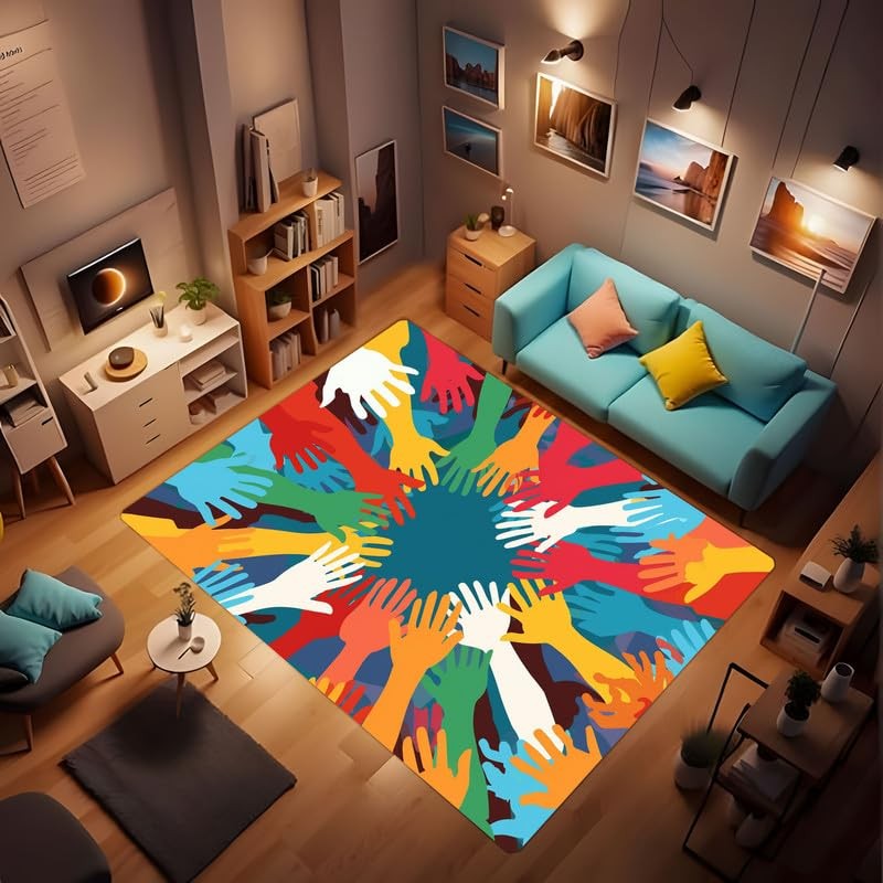 24×36 Inch Colorful Handprint Print Carpet Kids Classroom Bedroom Game Room