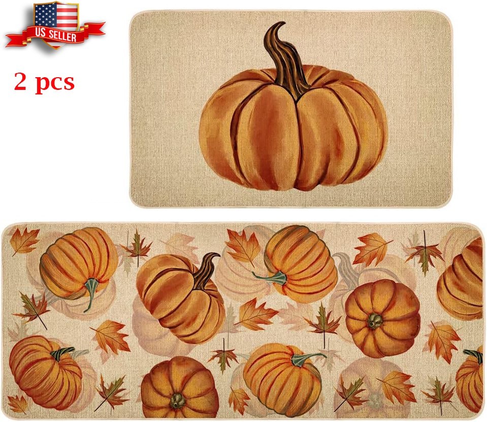 2pcs Halloween Kitchen Rug Runner Rug Long Rug Pumpkins Rug Mats Nonslip Decor