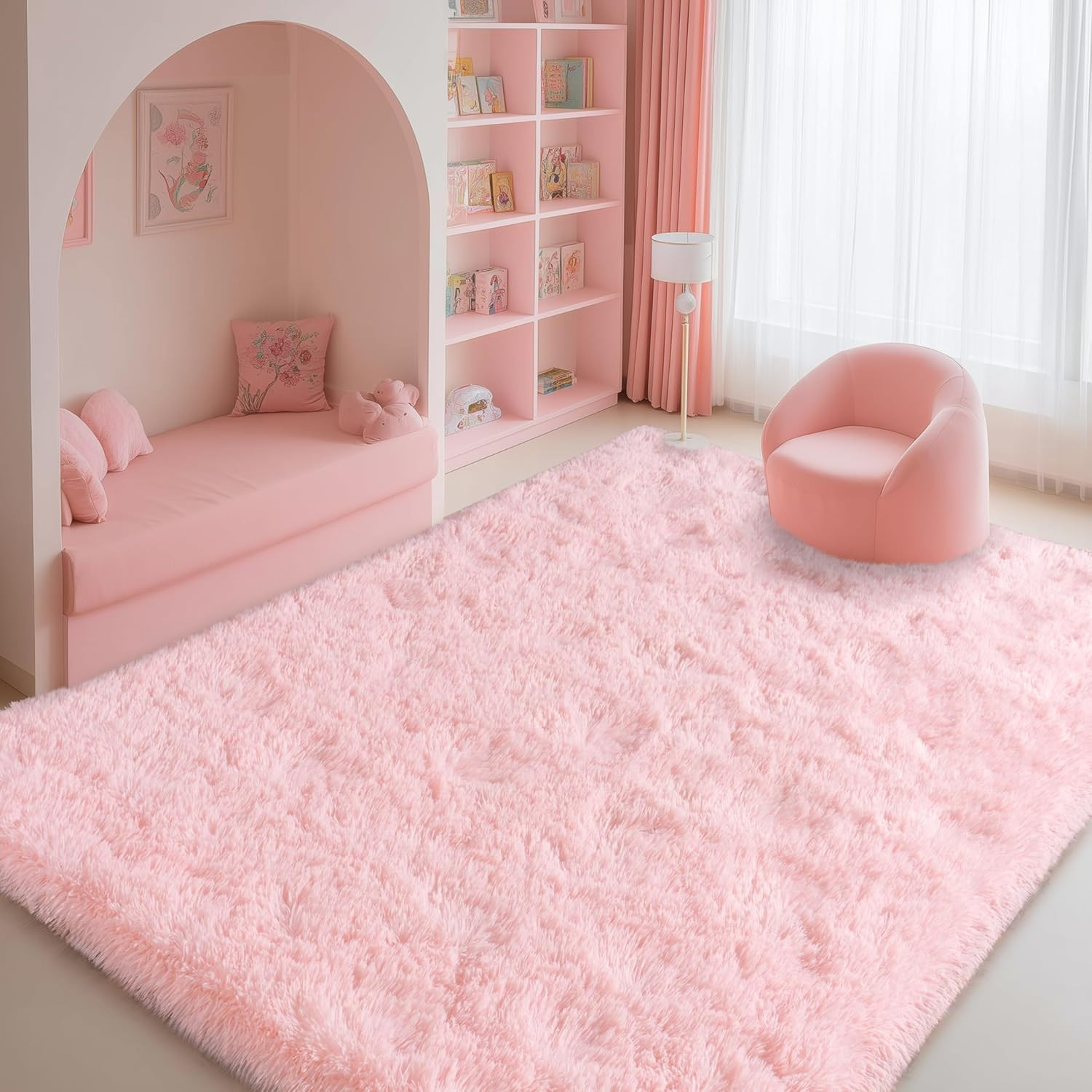 Large Pink Shag Area Rug 10×14 for Living Room, Soft Non-Slip Carpet