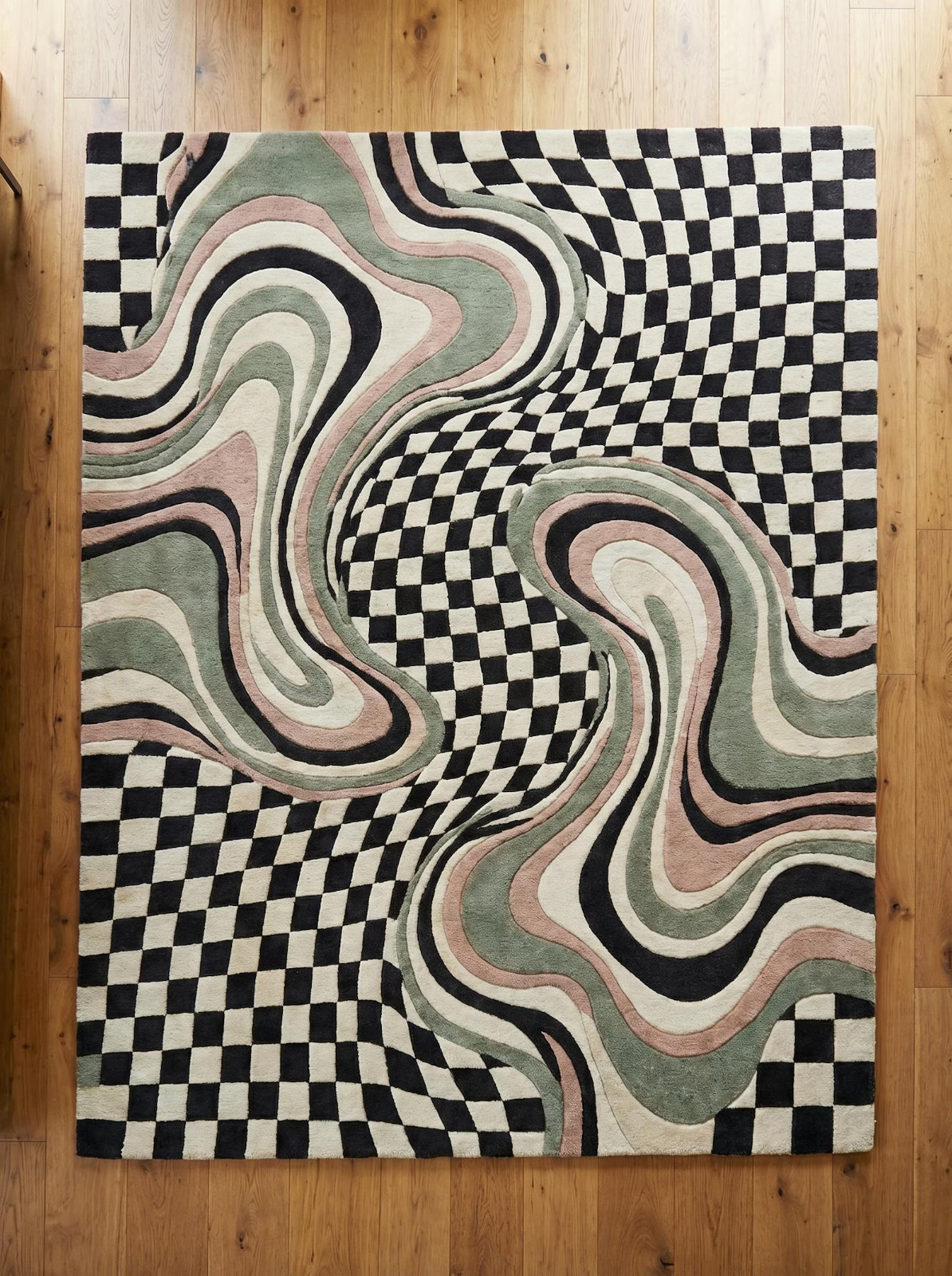 multicolor Hand Tufted Abstract Checkered Rug, Modern Wave Pattern Area Rug,
