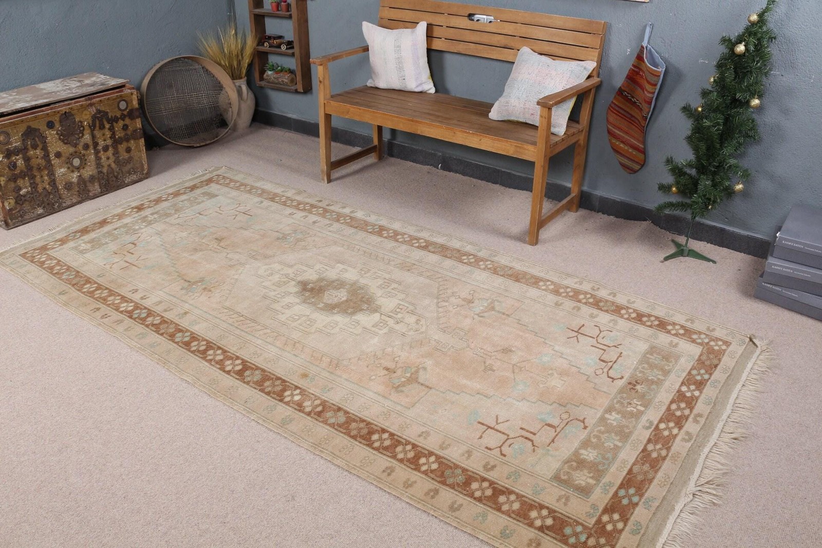Vintage Rug 4,4×9,4 ft, Brown Blue Plants & trees Wool Turkish Rug