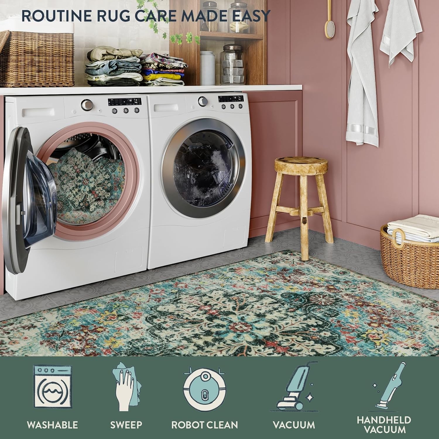 Teal 2×3 Washable Area Rug – Bohemian Floral Medallion with Non-Slip Base