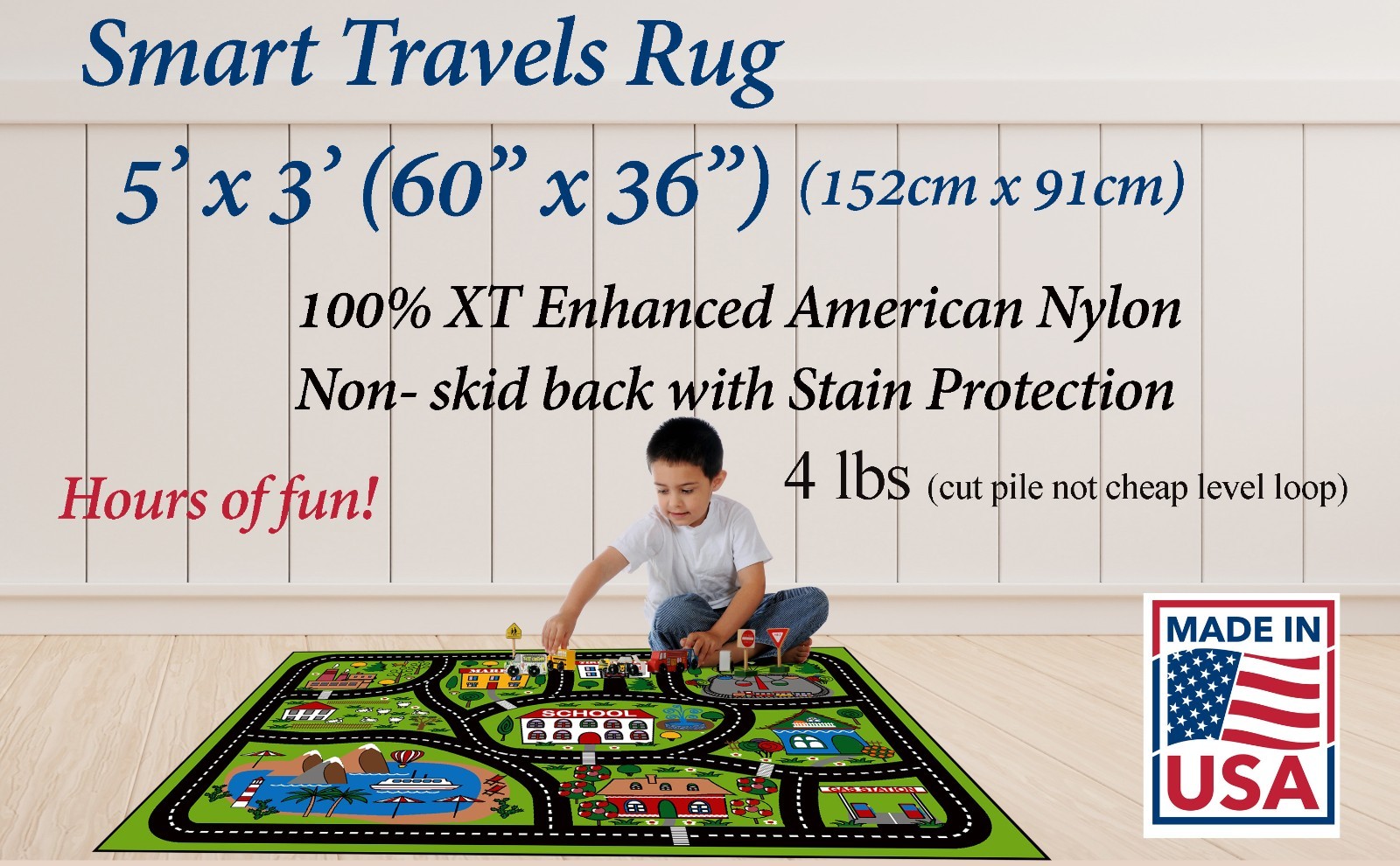 Kid’s Road Rug 3ft x 5ft 100% Nylon non-skid cut pile Made in the USA