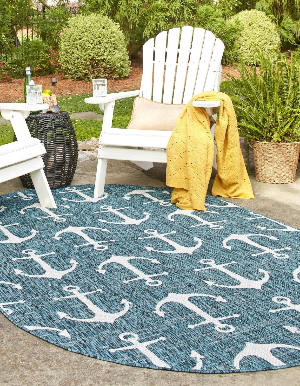 Unique Loom Outdoor Coastal Collection Area Rug – 5 3 X 7 10 Oval Teal/ Ivory