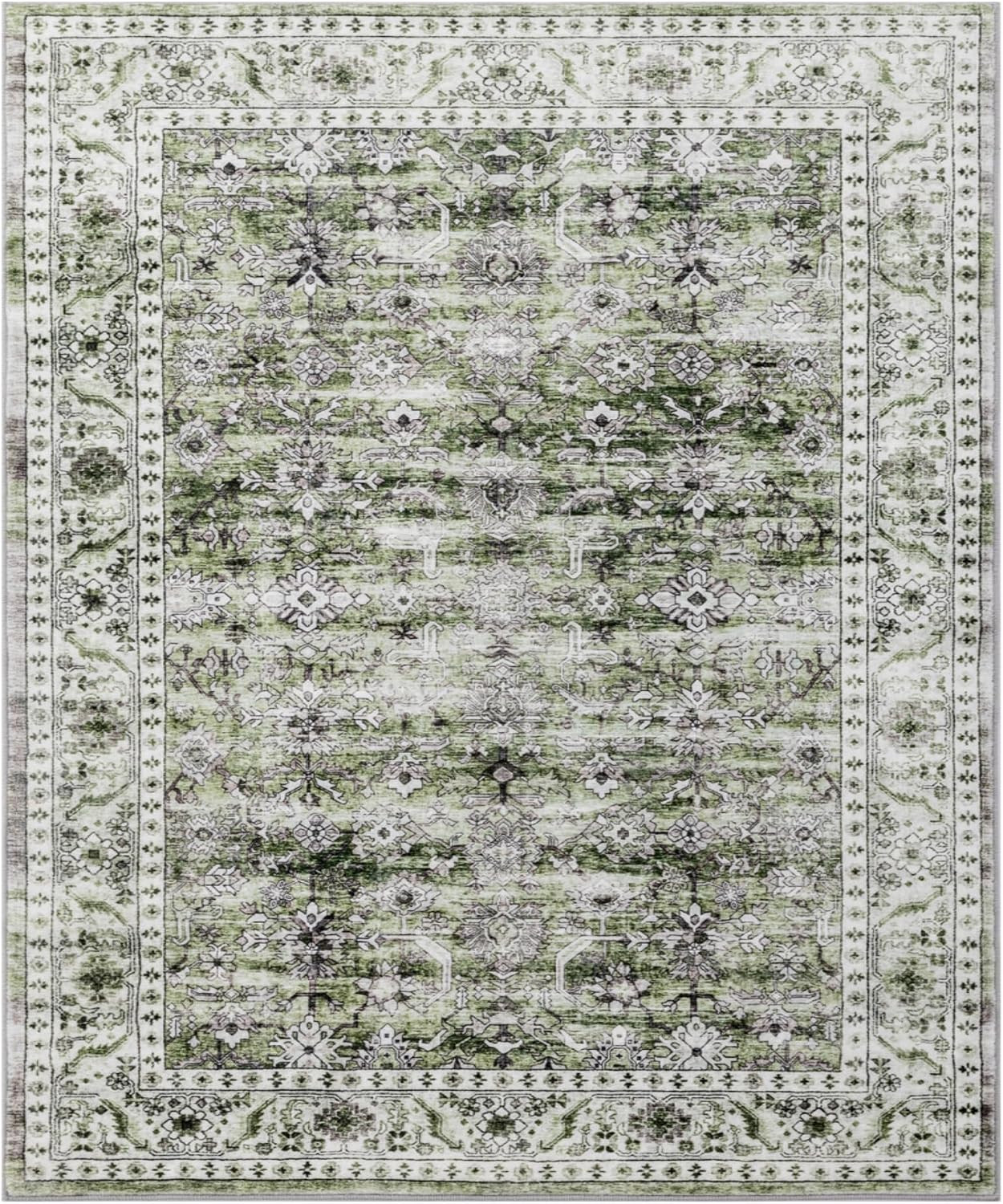 5X7 Area Rug – Sage Green Vintage Distressed Floral Carpet, Ultra Soft Low Pile