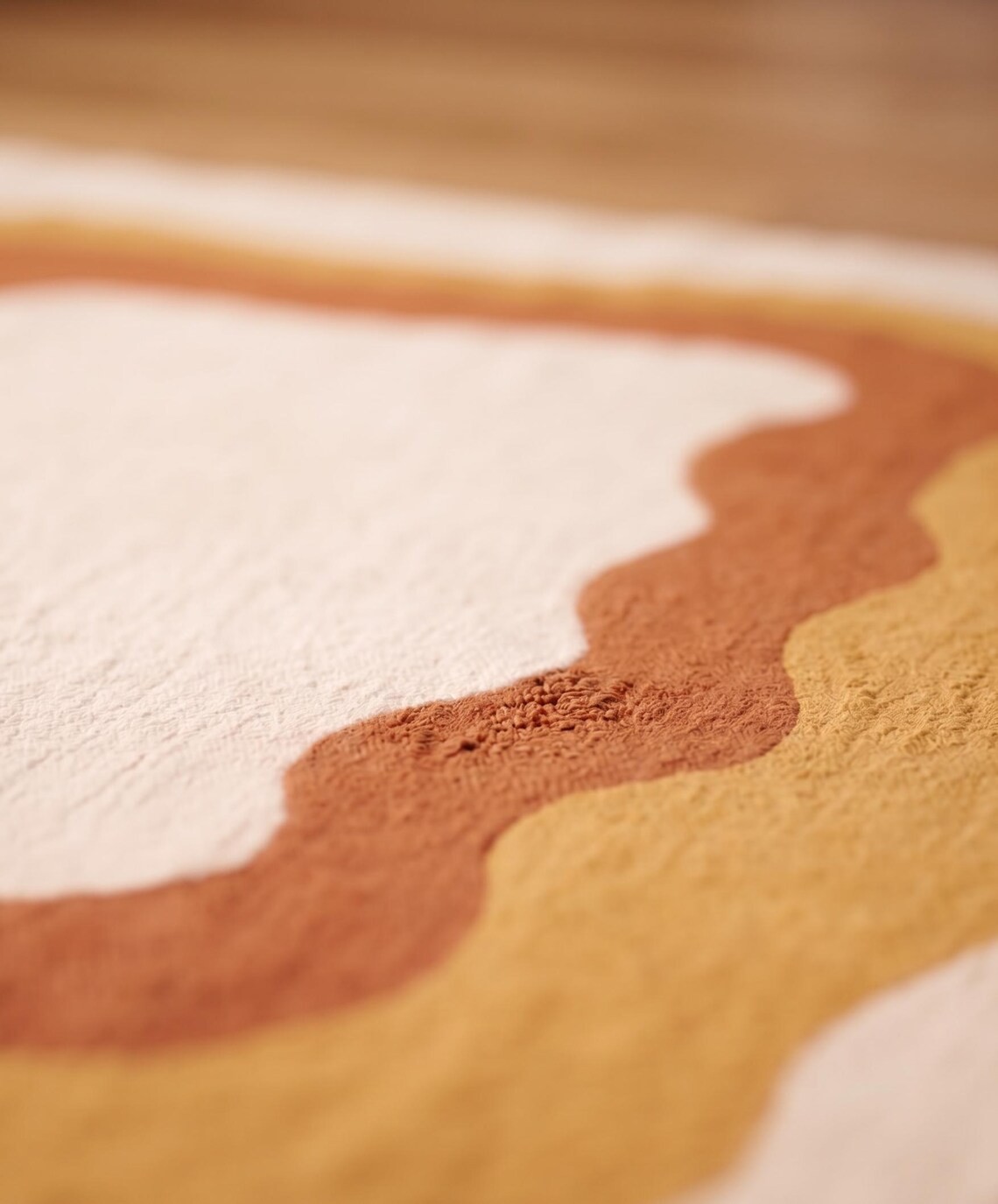 Mid Century Modern Wavy Hand Tufted Wool Rug Terracotta Mustard Cream Area Rug.