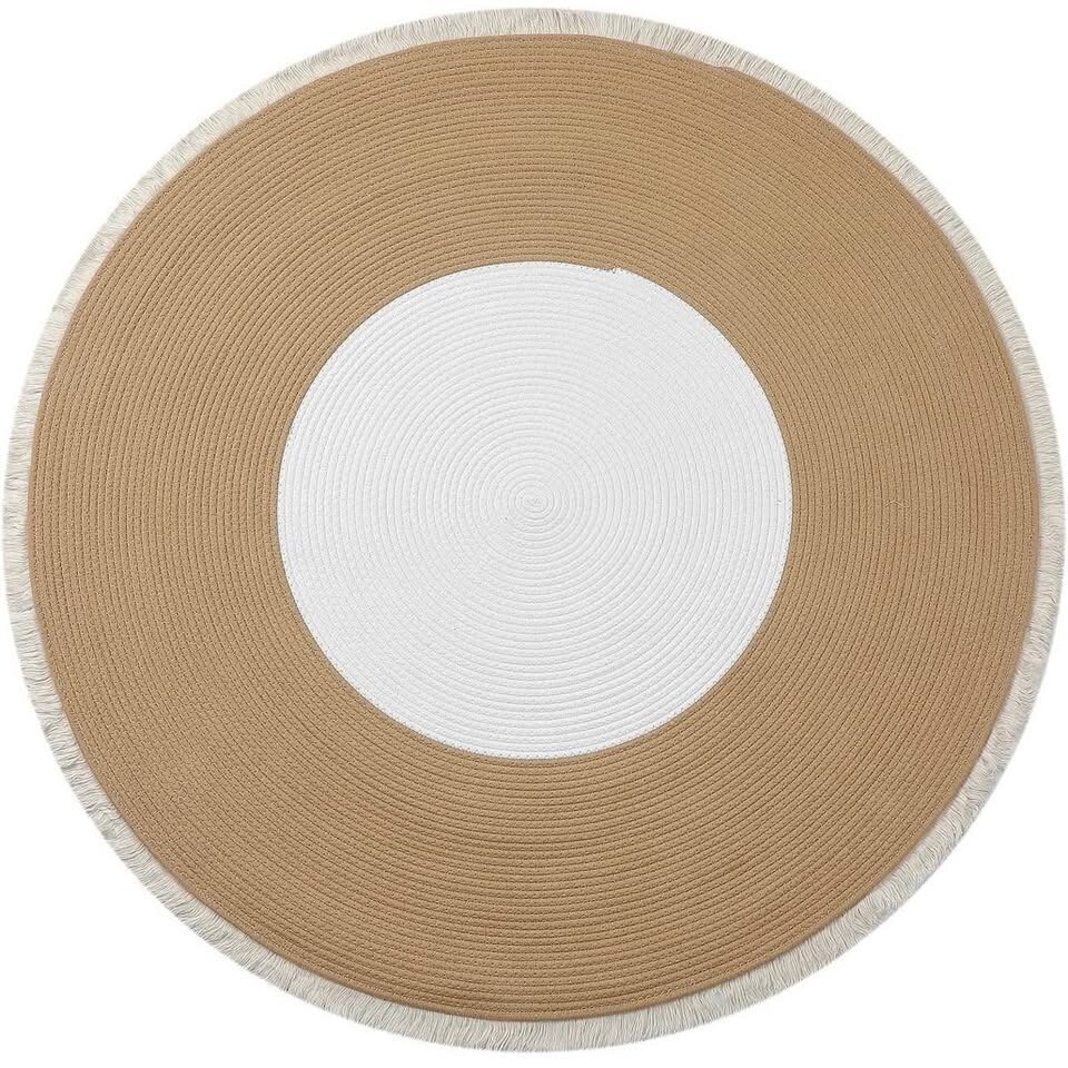 Boho White Tassel Tan 60″ Round Washable Chic Bohemian Indoor Hand Woven Cotton