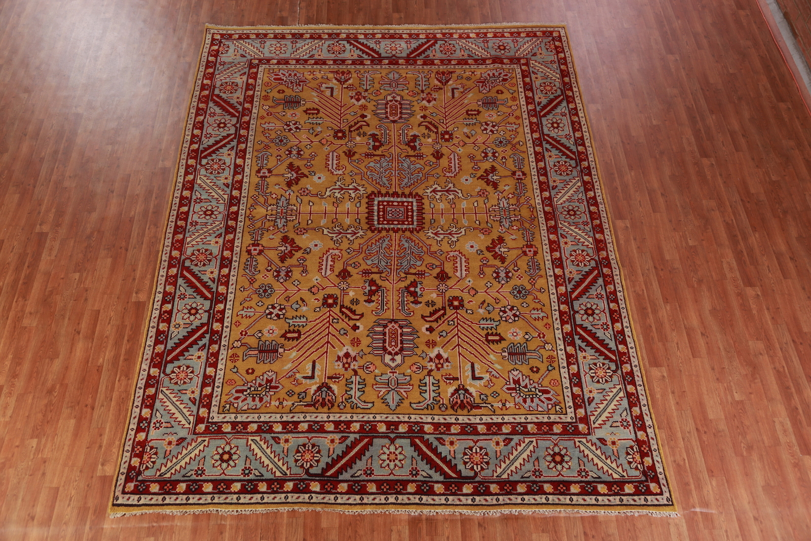 Geometric Gold/ Light Blue Traditional Handmade Heriiz Serapi Oriental Rug 9×12