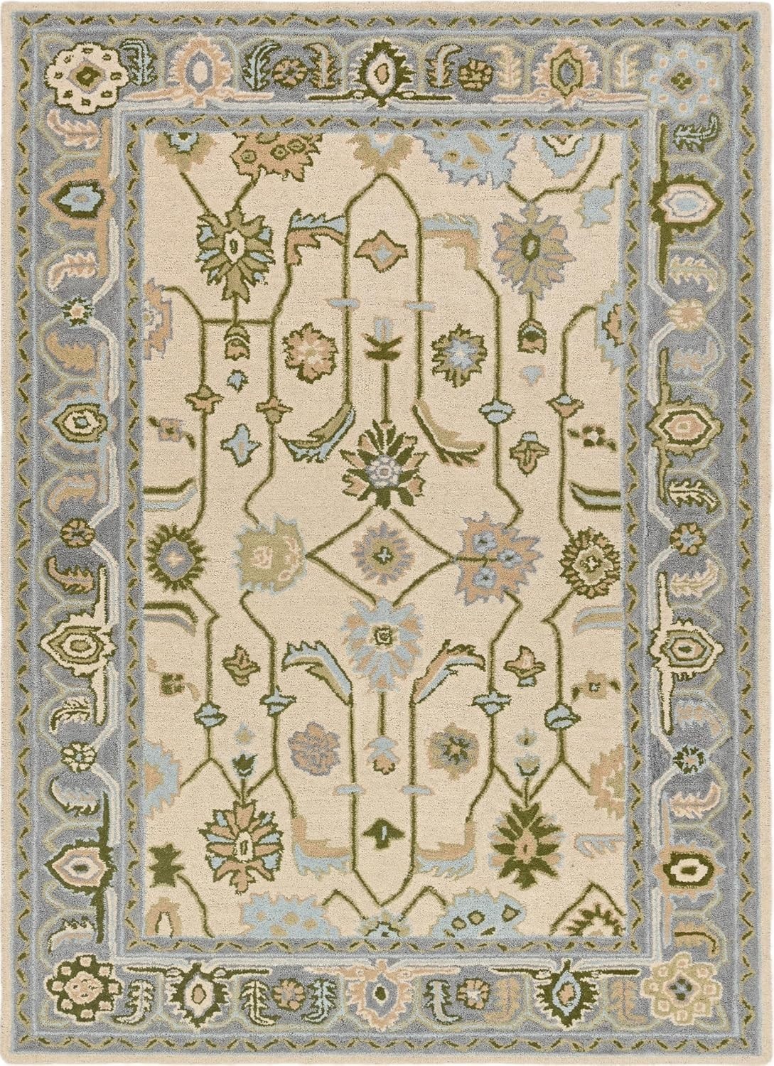 Hand Knotted Oushak Rug Blue Ivory Wool Floral Area Rug Traditional Carpet