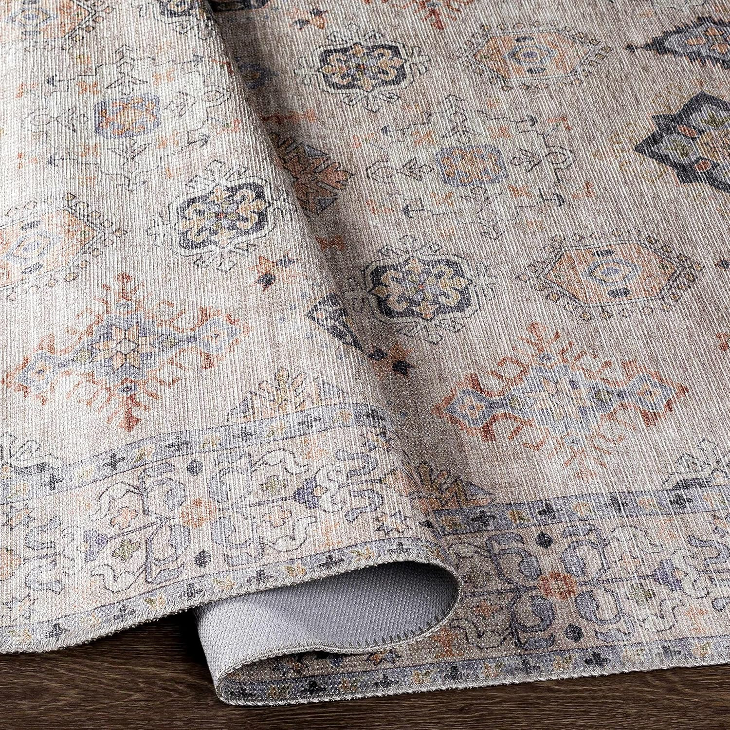 Hauteloom Beckett Machine Washable Area Rug – Distressed Border Medallion Diamon