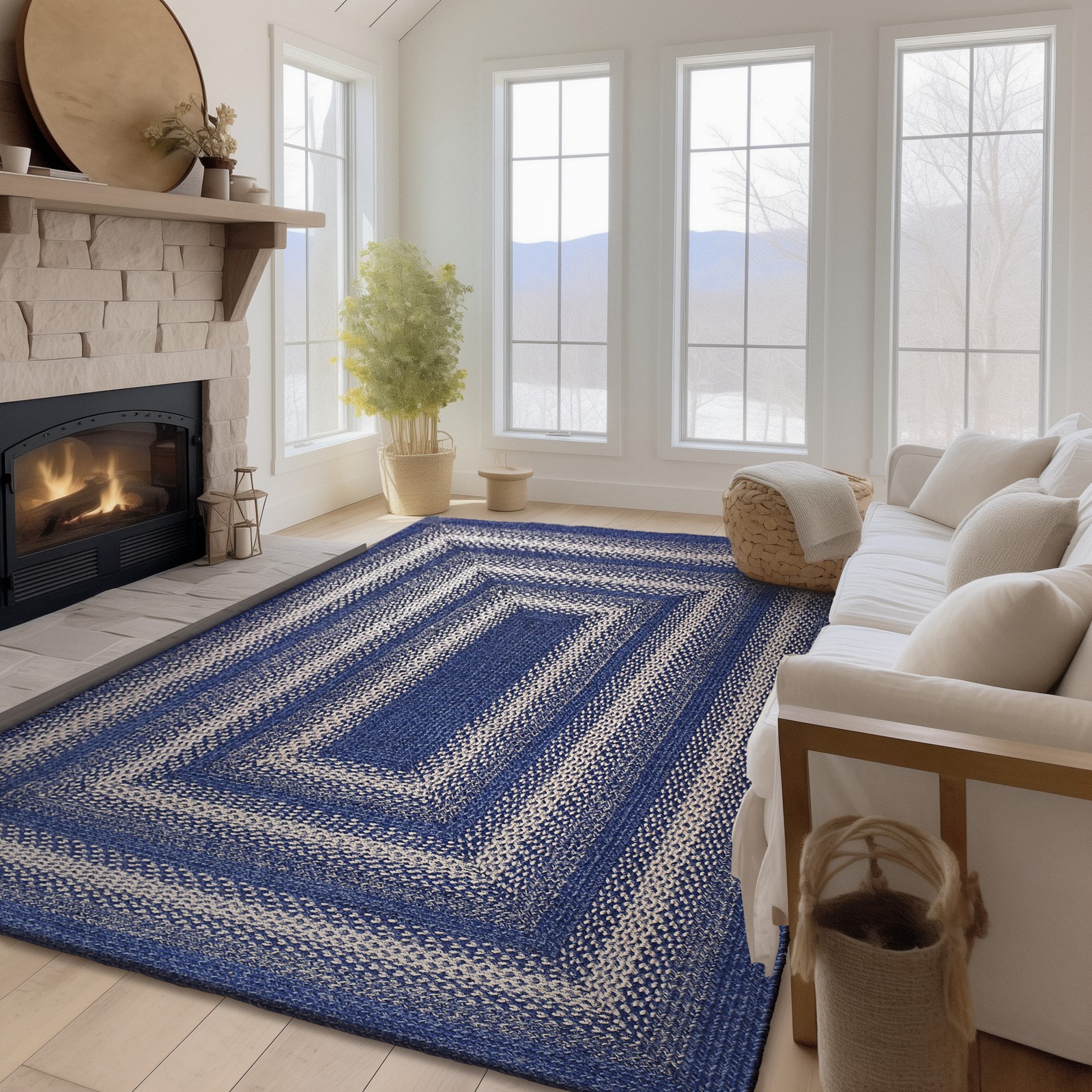 Blue Braided Farmhouse Jute Rug in Rectangles Oval Runner for Kitchen