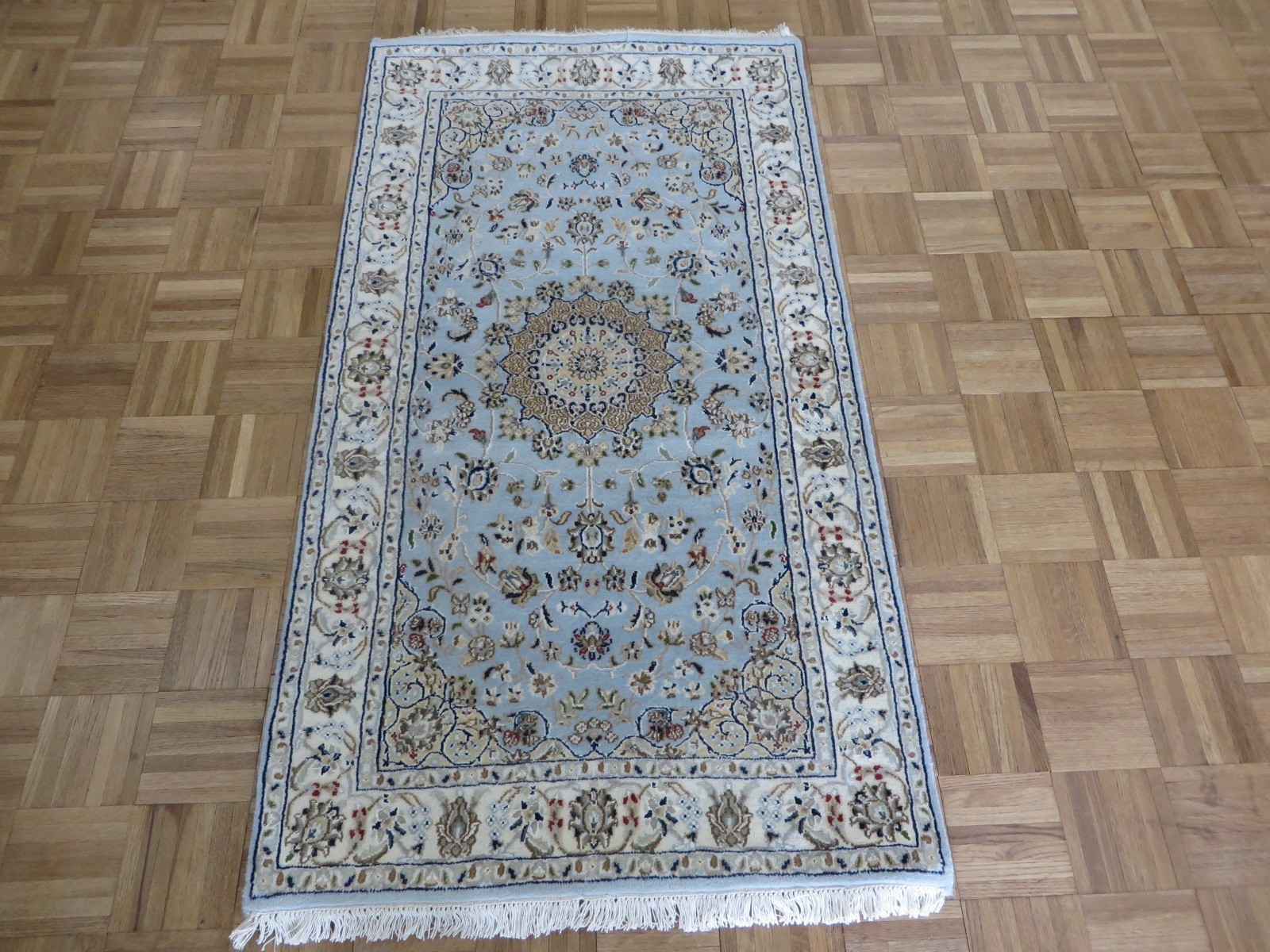 3 x 5’4 Hand Knotted Light Blue Fine Nain With Silk Oriental Rug G16120