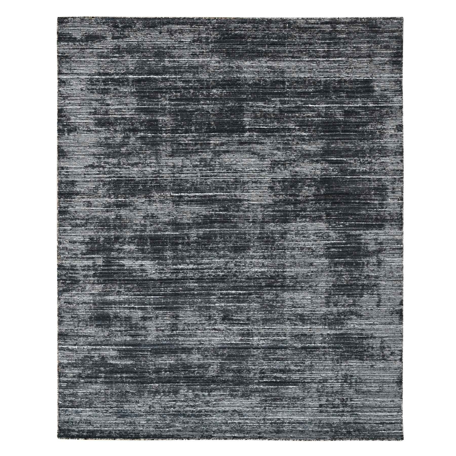 8’3″x10′ Black with Ivory, Modern Design Hand Loomed Wool and Silk Rug R10268