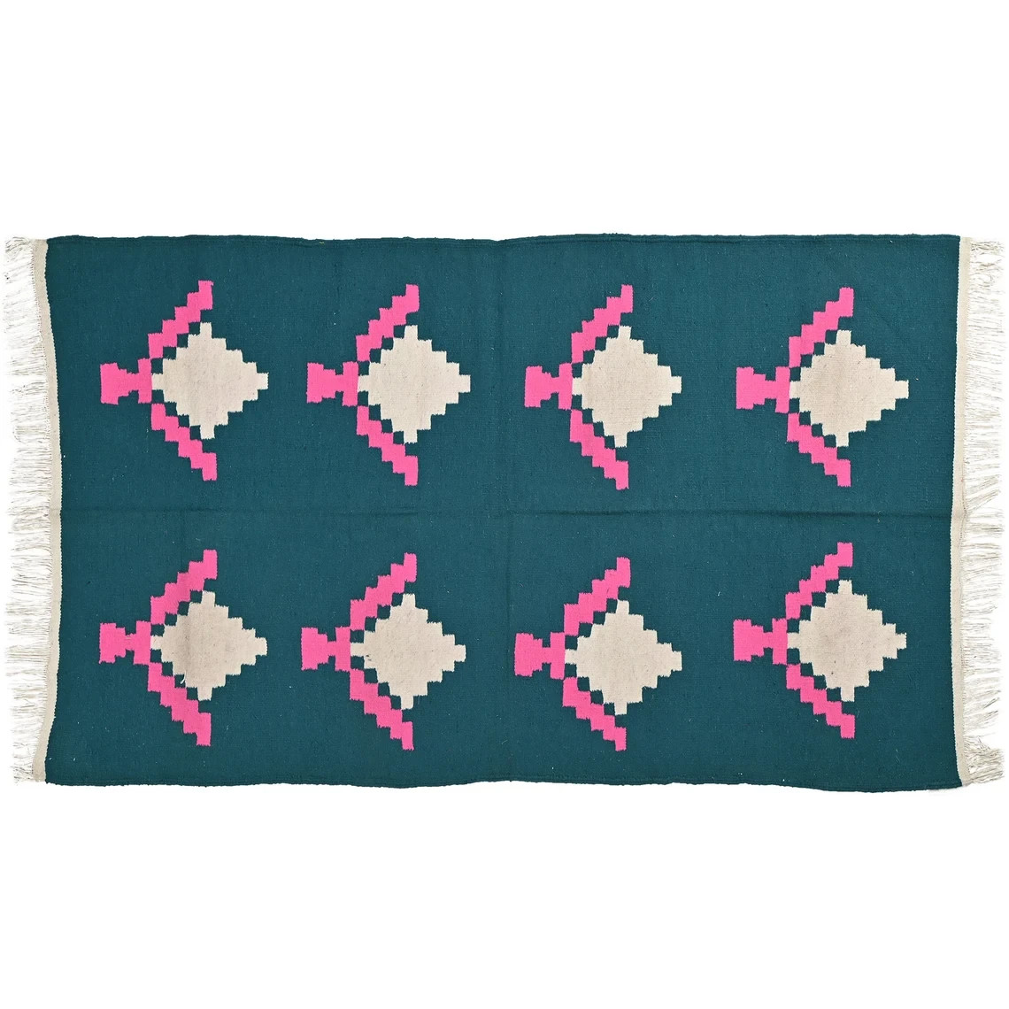 Teal Blue Punjabi Dhurrie Rug Handwoven Cotton Kilim Flatweave Area Rug 3’6″x6’3