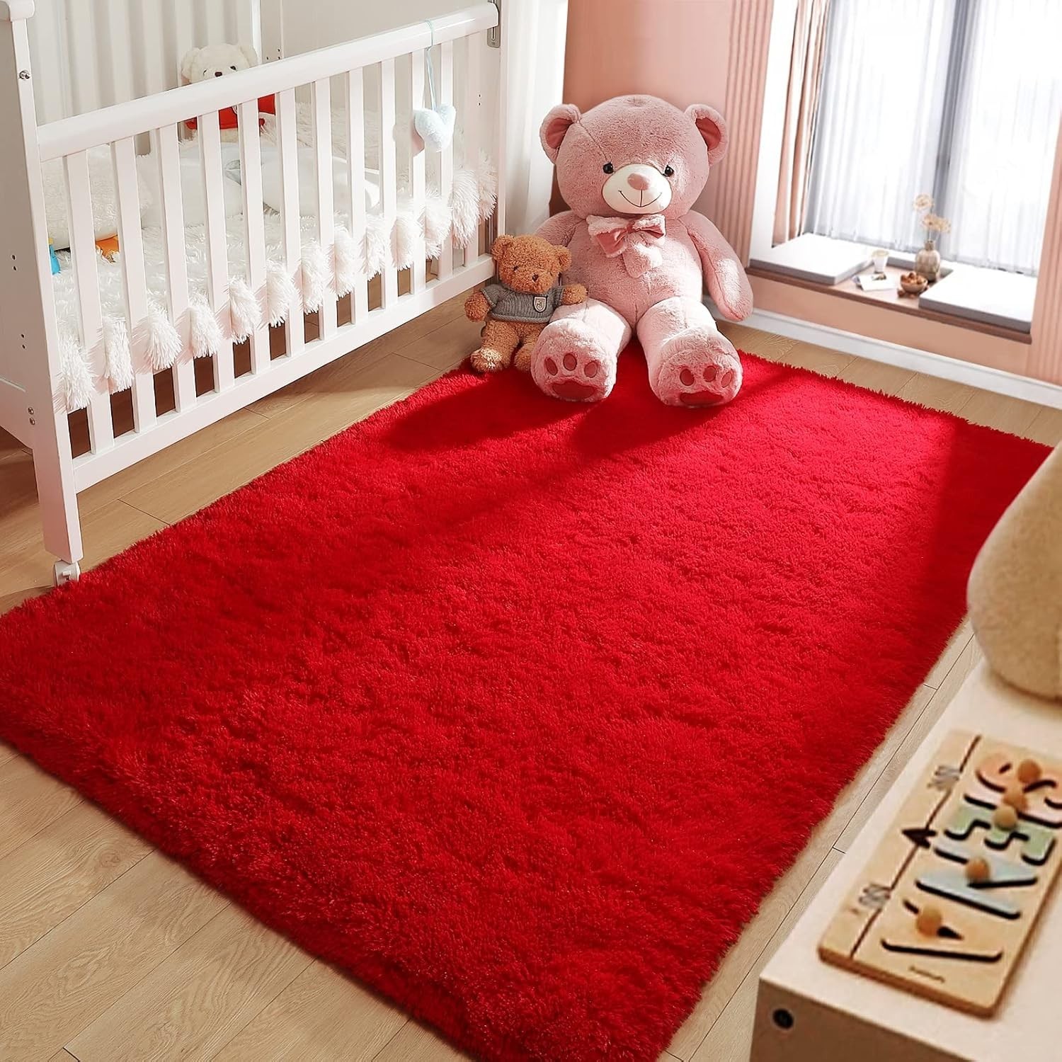 Machine Made Fluffy Red Indoor Area Rug – Perfect for Living Rooms & Nurseries