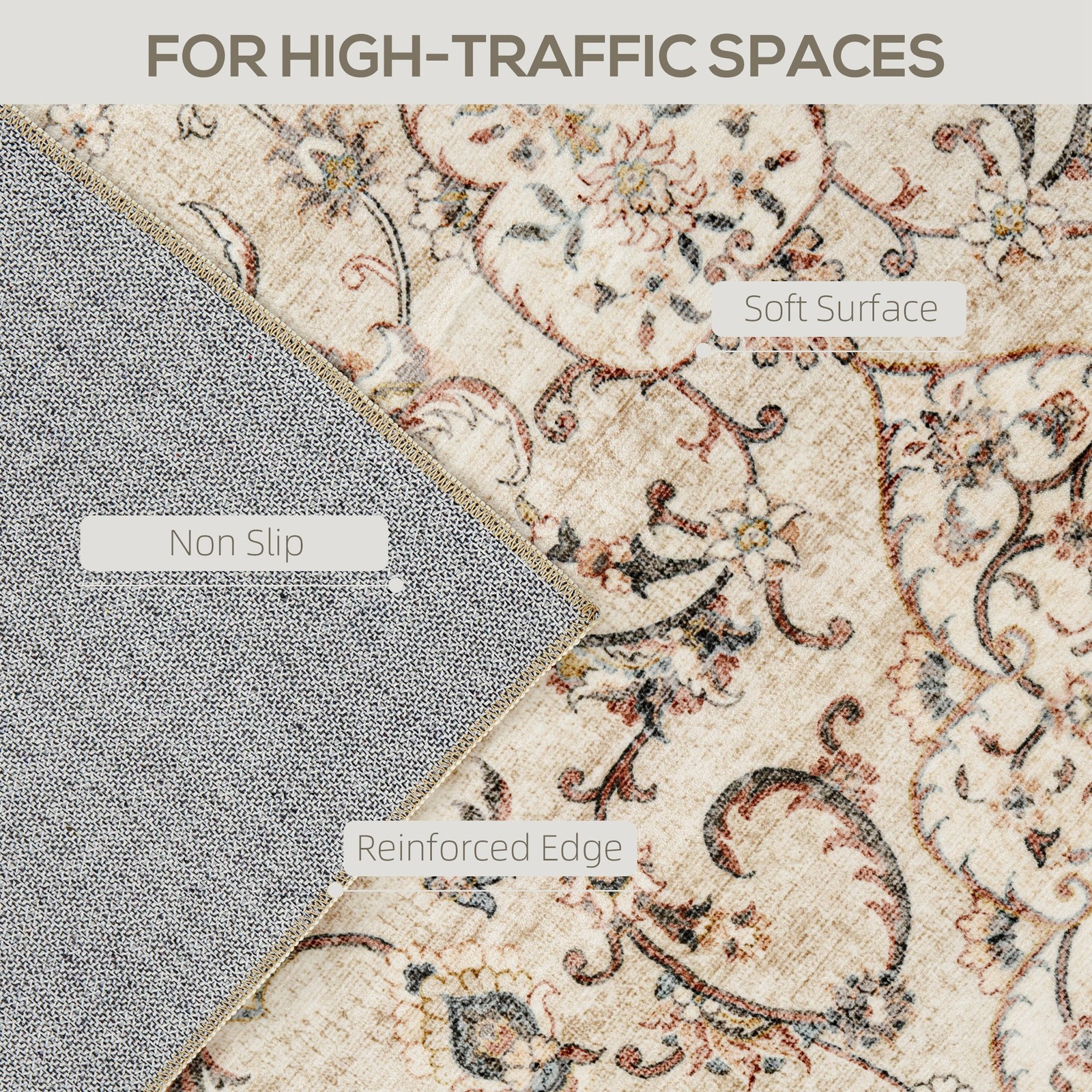 8×10 ft Classic Floral Machine Washable Area Rug, Non-Slip Brown Indoor Rug