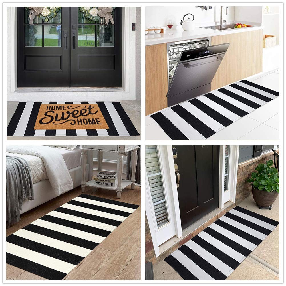 Black and White Striped Rug (23.6 x 51.2 Inches), Striped Layering Mats, Hand…