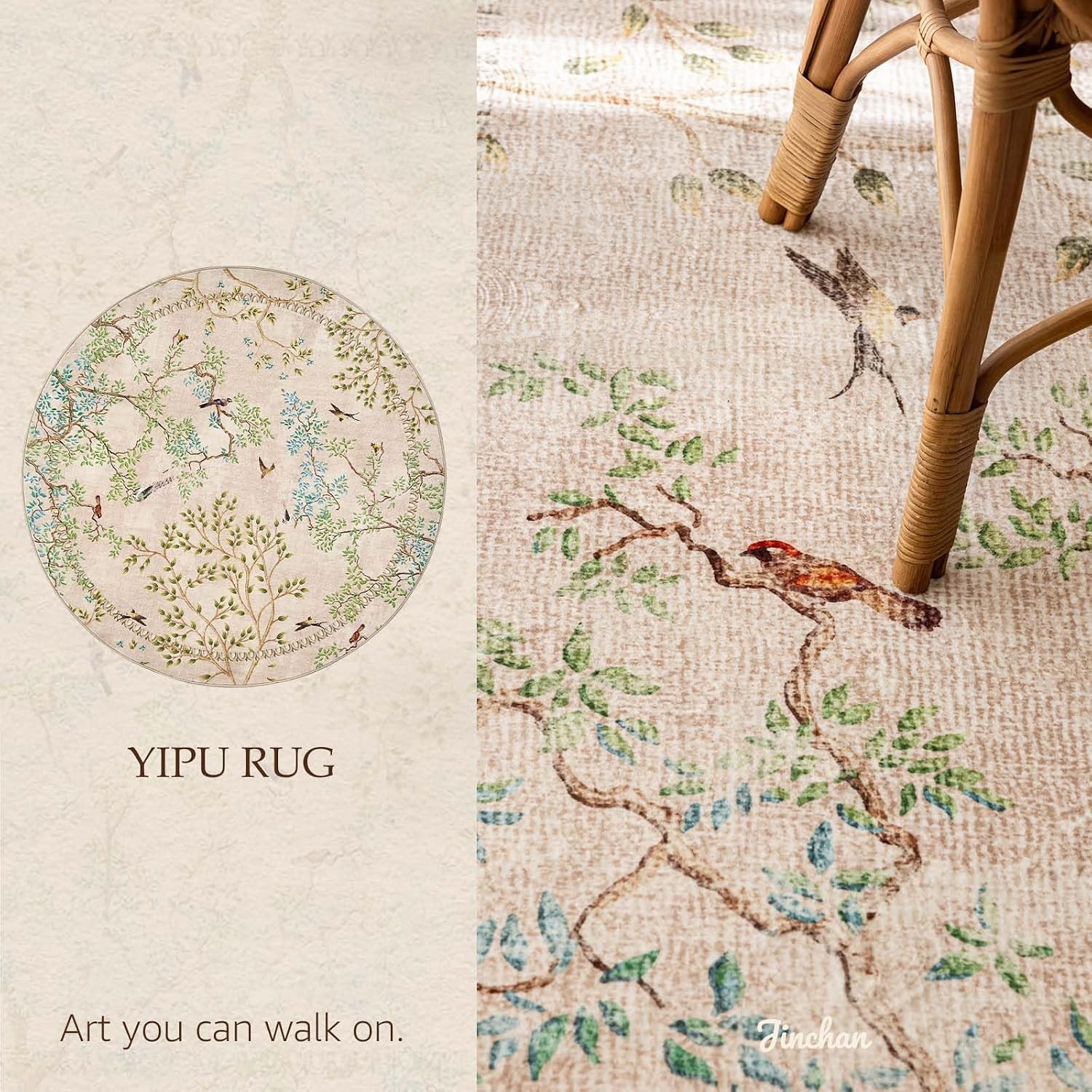 Yarden Round Rugs 8ft Beige Botanical Birds Print Machine Washable 8′ Circle