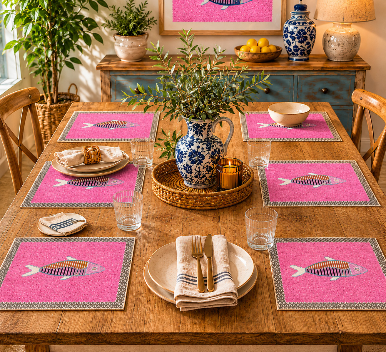 Pink Fish Design Placemats Set of 6 Handmade Dining Table Mats Coastal Decor