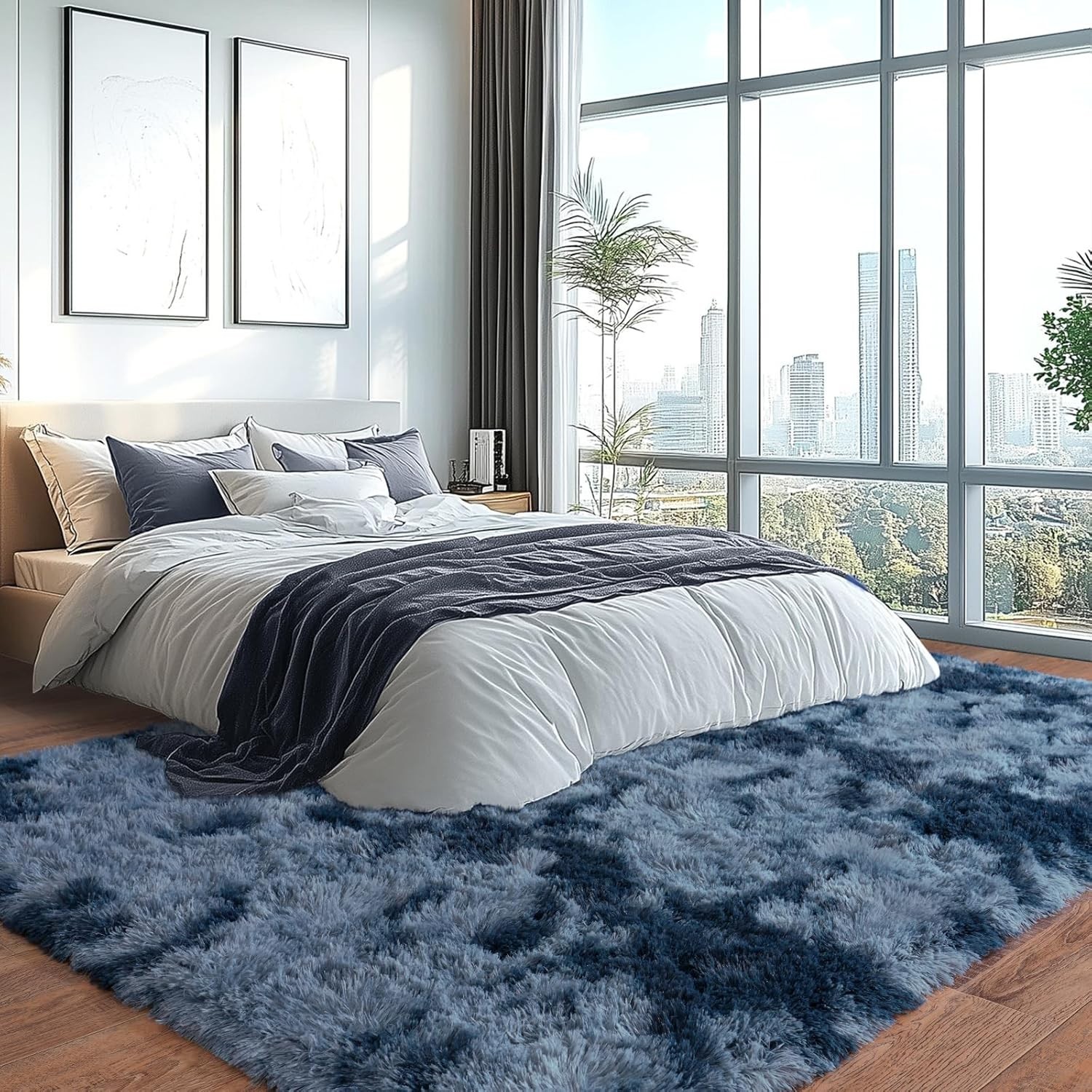 Fluffy Area Rugs 8×10 Tie-dye Blue Gray Carpet Mat for Living Room Bedroom Floor