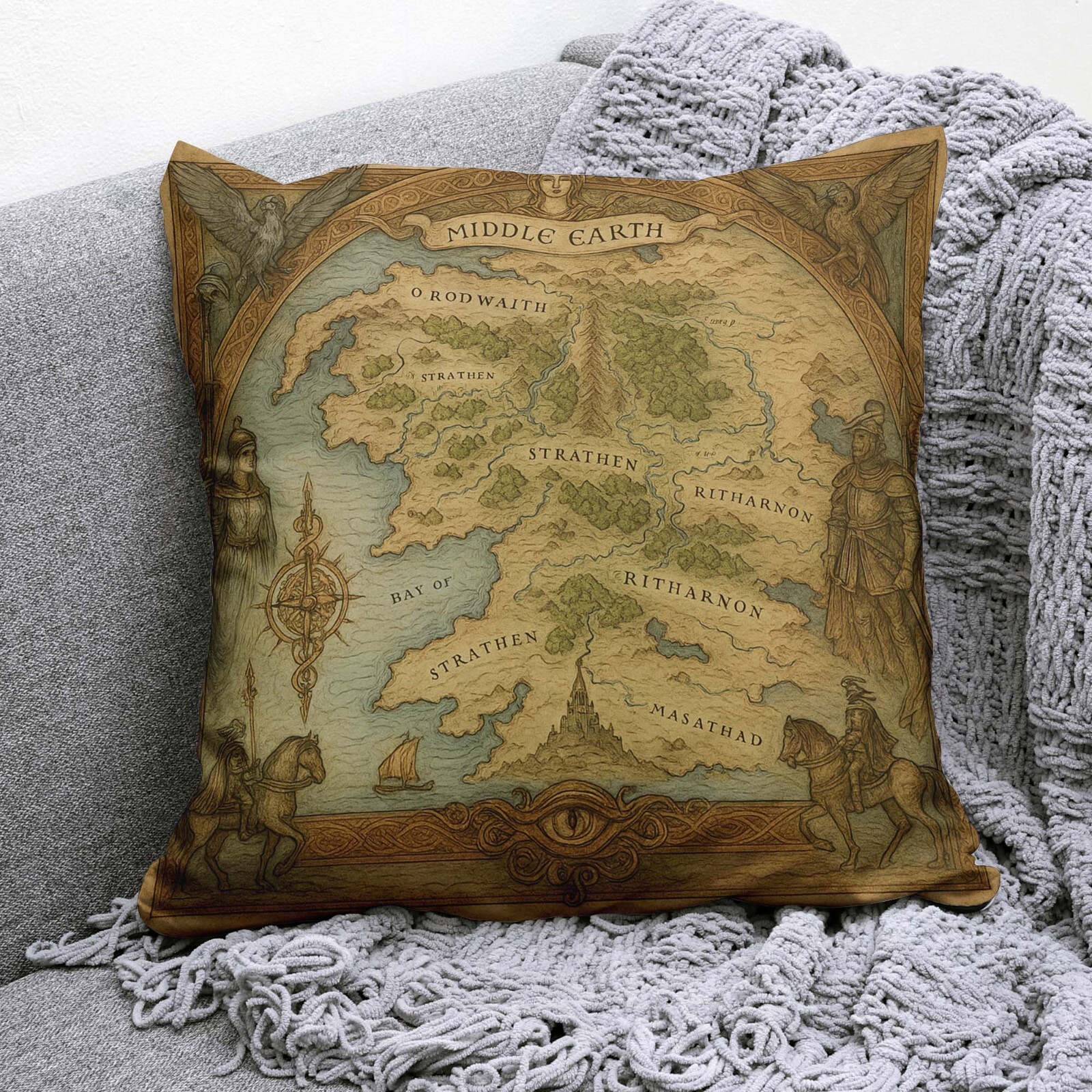 Middle Earth Map, Fantasy Pillow Cover, Vintage Cushion, Hobbit Decor, LOTR Gift