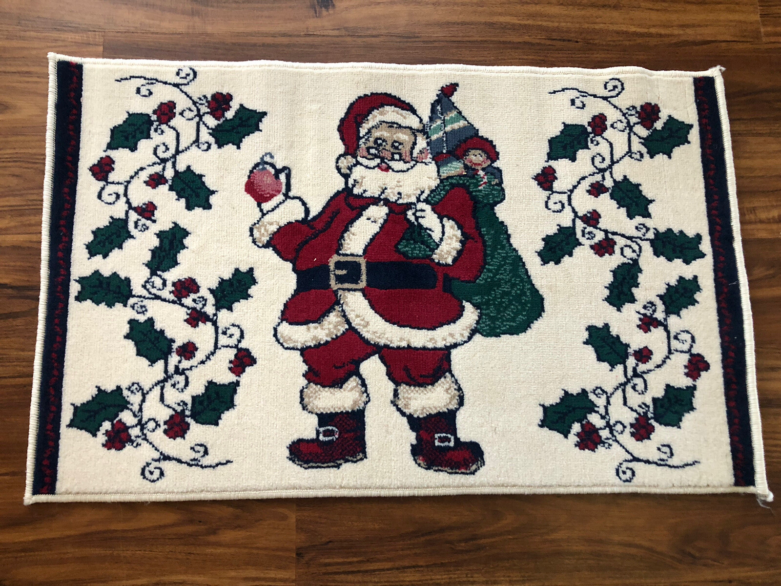 Lambs Wool Rug With Santa And Holy. 23” X36” Brand New Made In USA Christmas