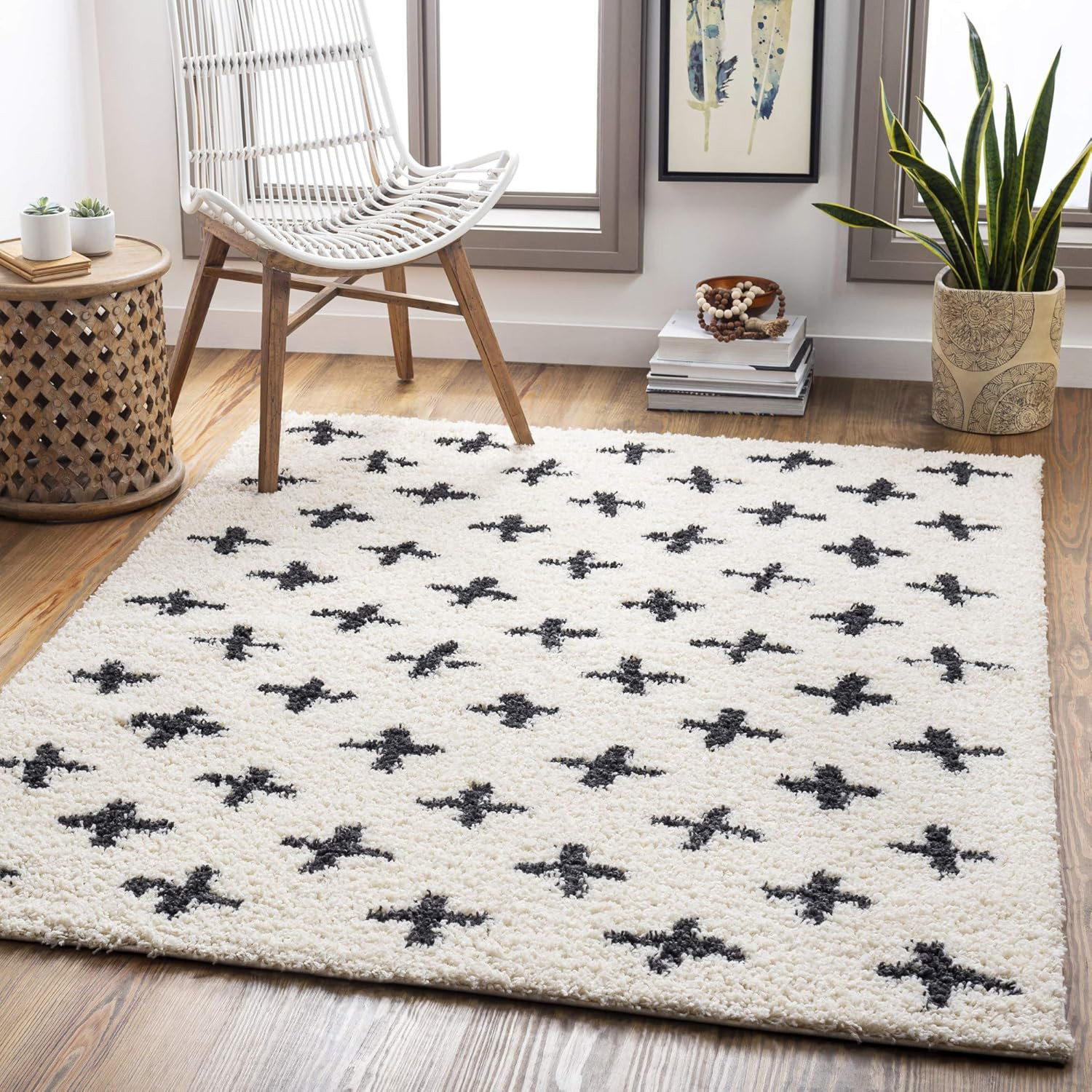 Area Rugs – 8X10 Soft Mora Moroccan Boho Black Cream Shag Rug for Living Room Be
