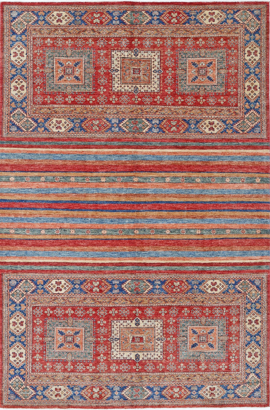 6.7×10 ft Hand Knotted Tribal Red and Blue Area Rug, Geometric Striped Design