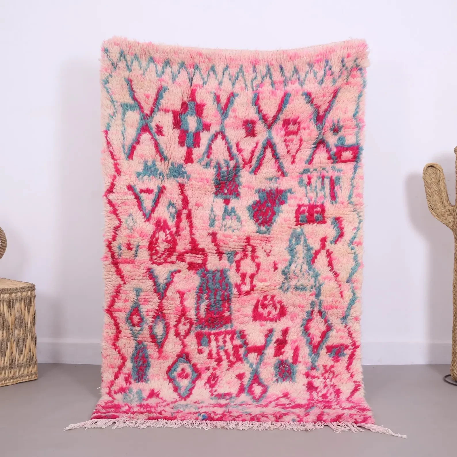 Moroccan 3.4×5.6 ft Rug Boujaad Pink Handmade Berber Abstract Boho wool Rug