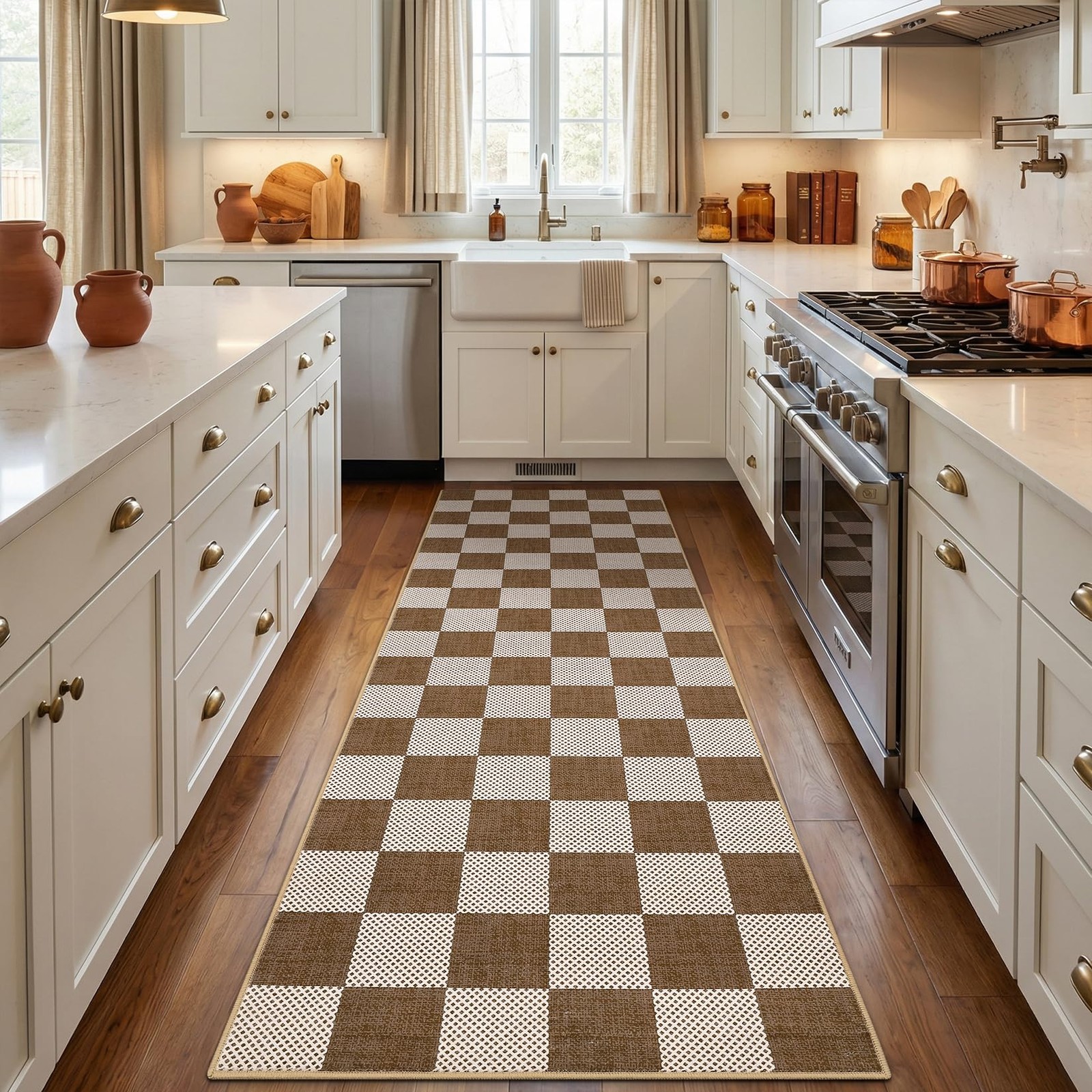 Checkered Terracotta Brown 2×6 Washable Kitchen Runner Rug Geometric Diamond …