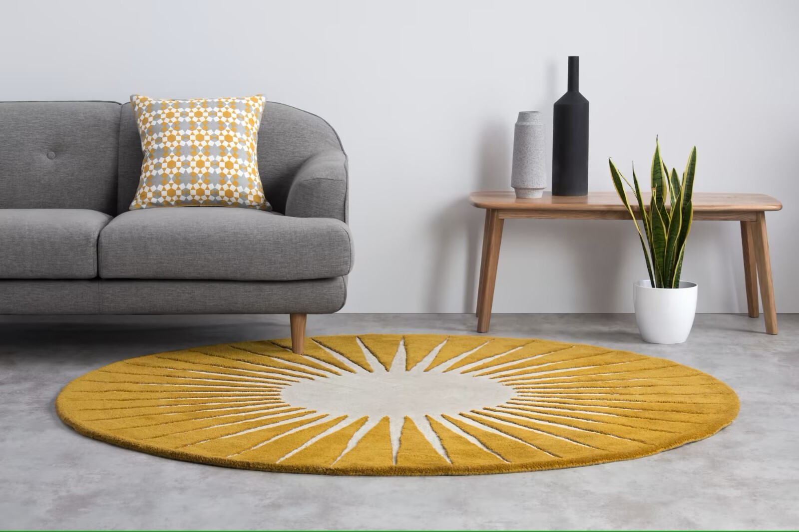 Modern Hand-Tufted Wool Area Rug, Sunburst, Mustard Yellow, Round Accent Decor