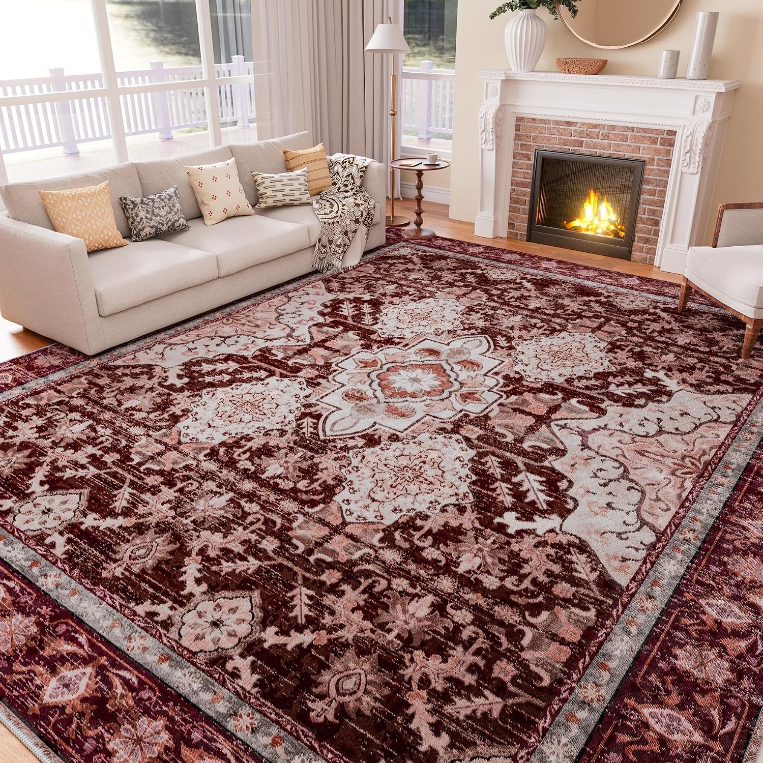 8×10 Area Rugs for Living Room, Large Non-Slip Washable Rug, Boho Vintage Retro