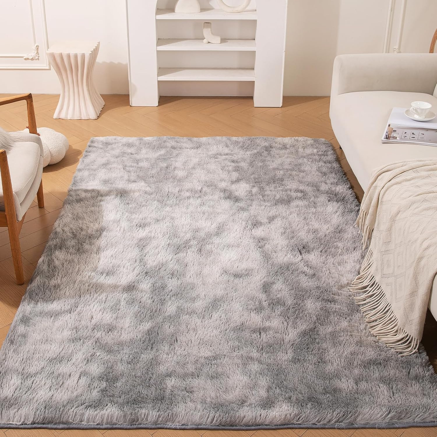 Ultra Plush Tie-Dye Grey Shag Area Rug 4’X6′ – Non-Slip Floor Decor