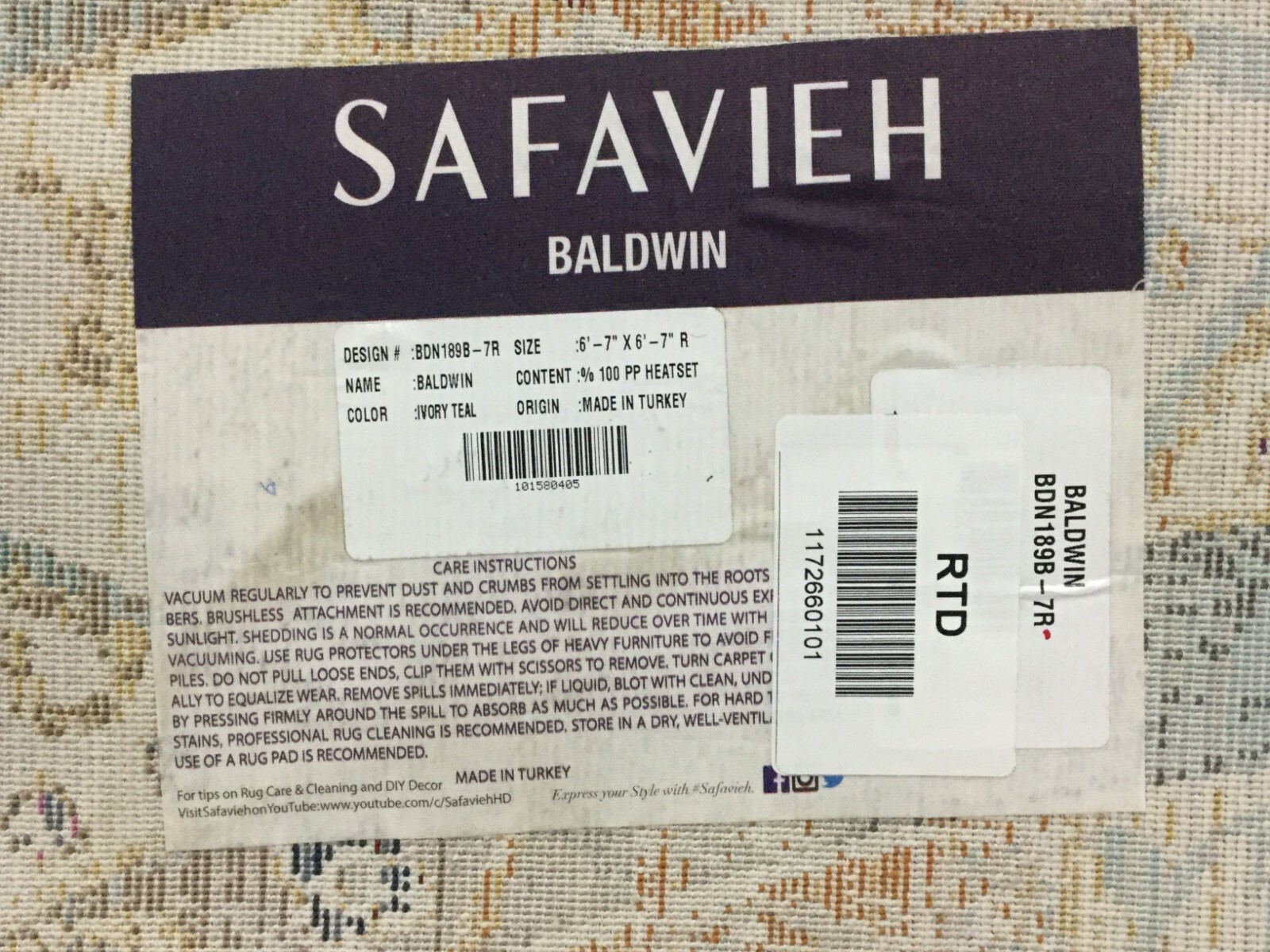 IVORY / TEAL 6′-7″ X 6′-7″ Round Flaw in Rug Reduced Price 1172660101 BDN189B-7R