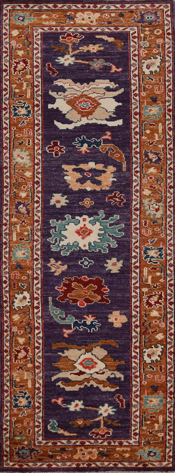 Vegetable Dye Traditional Oushak Turkish Runner Rug Hand-Knotted Purple 3×10 ft