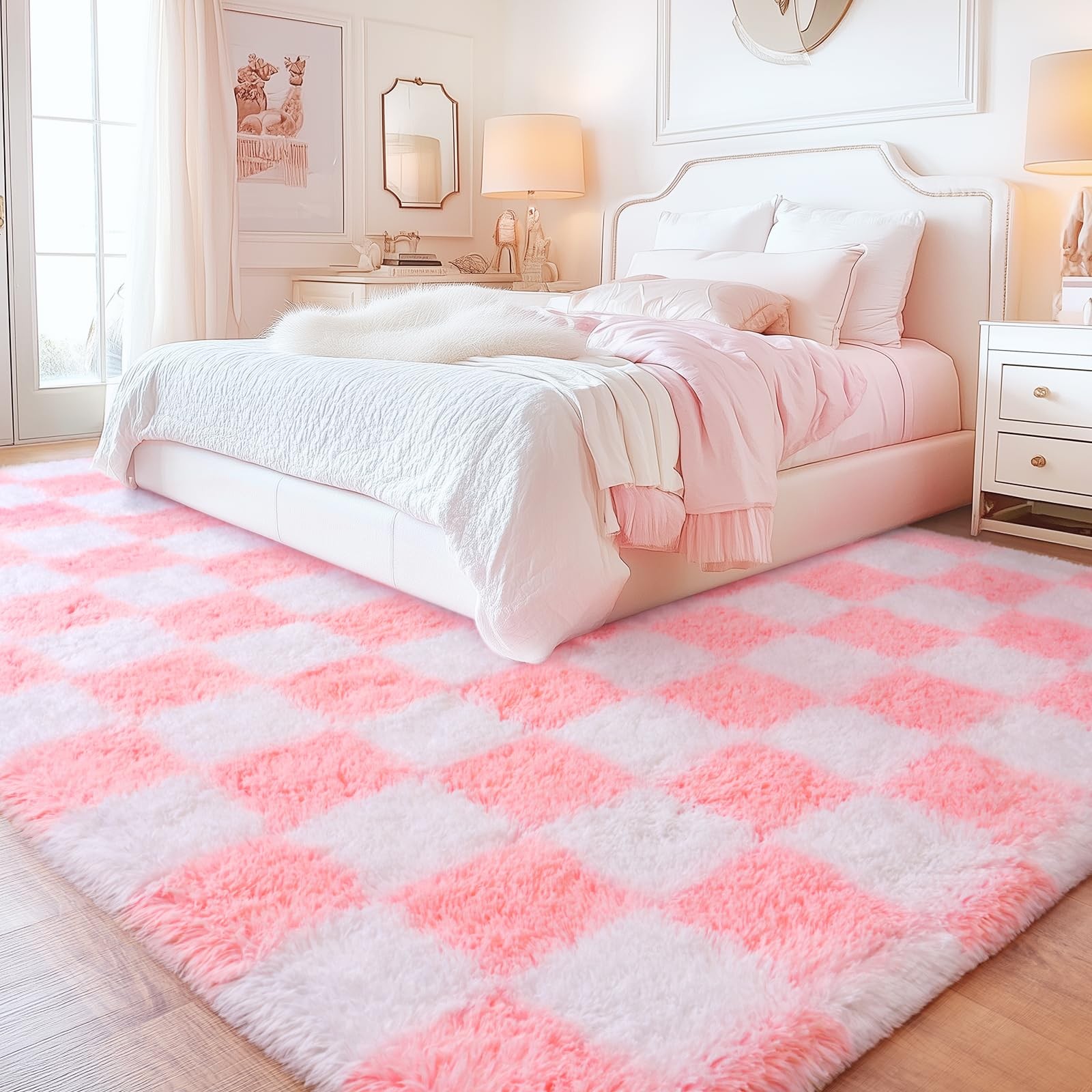 Quntue Checkered Rugs For Bedroom Ultra Fluffy Fuzzy Shag Area Rug For Living