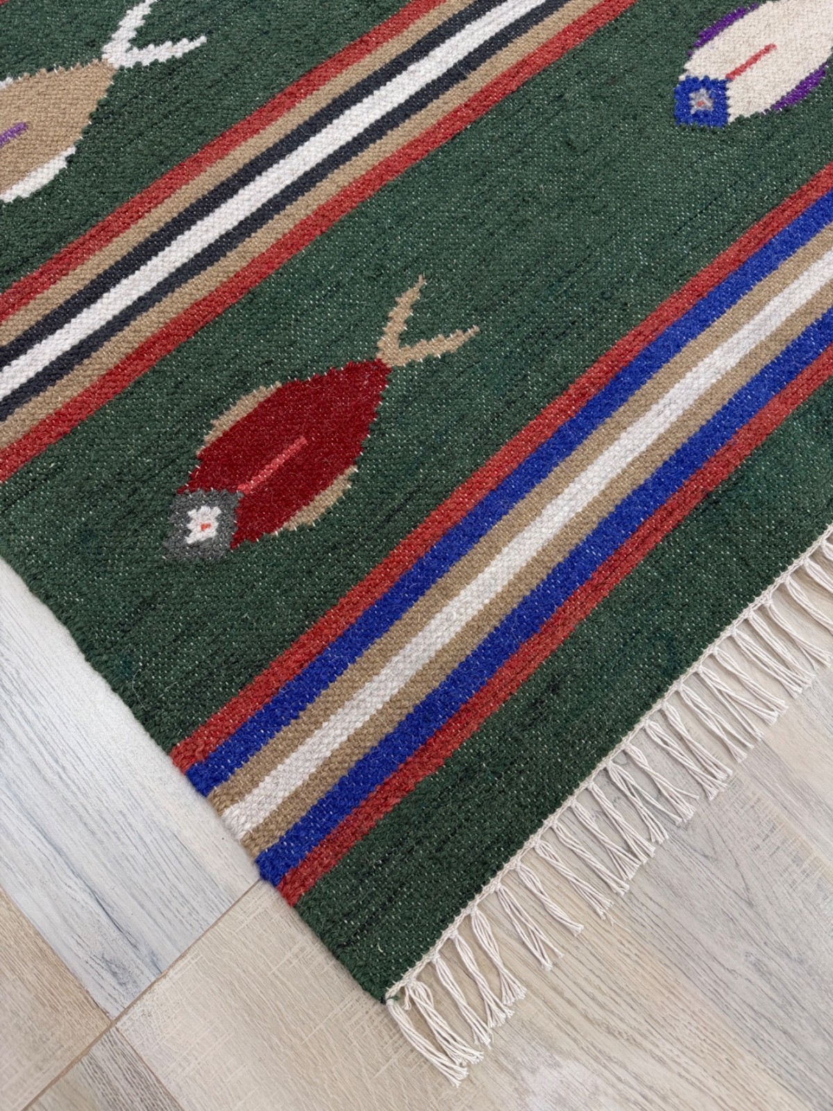 Hand Woven Wool Area Rug 3×5 Forest Green Flat Weave Indian Folk Art Dhurrie Rug