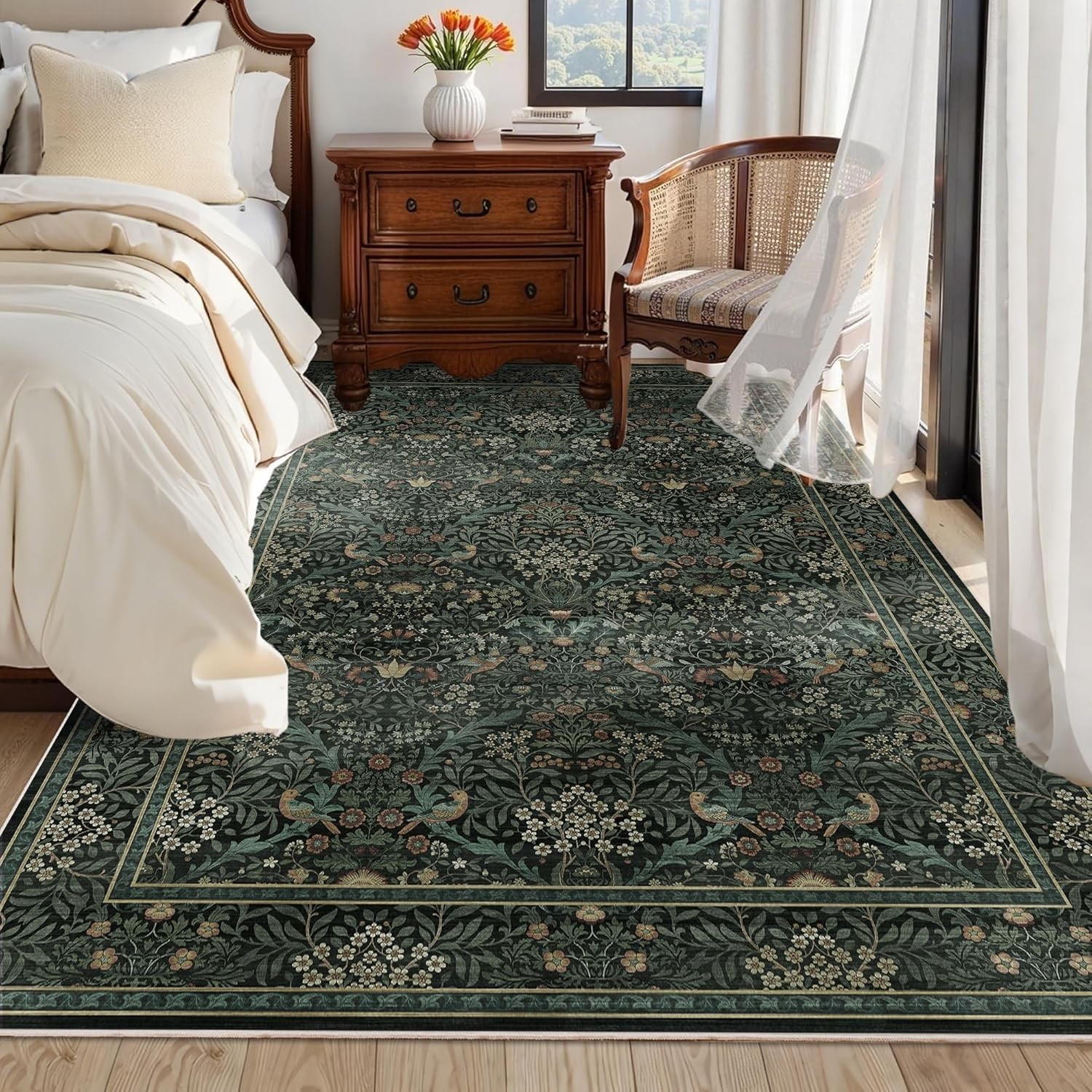 5×7 Dark Green Washable Floral Area Rug,Vintage Boho Soft Low-Pile Living Room