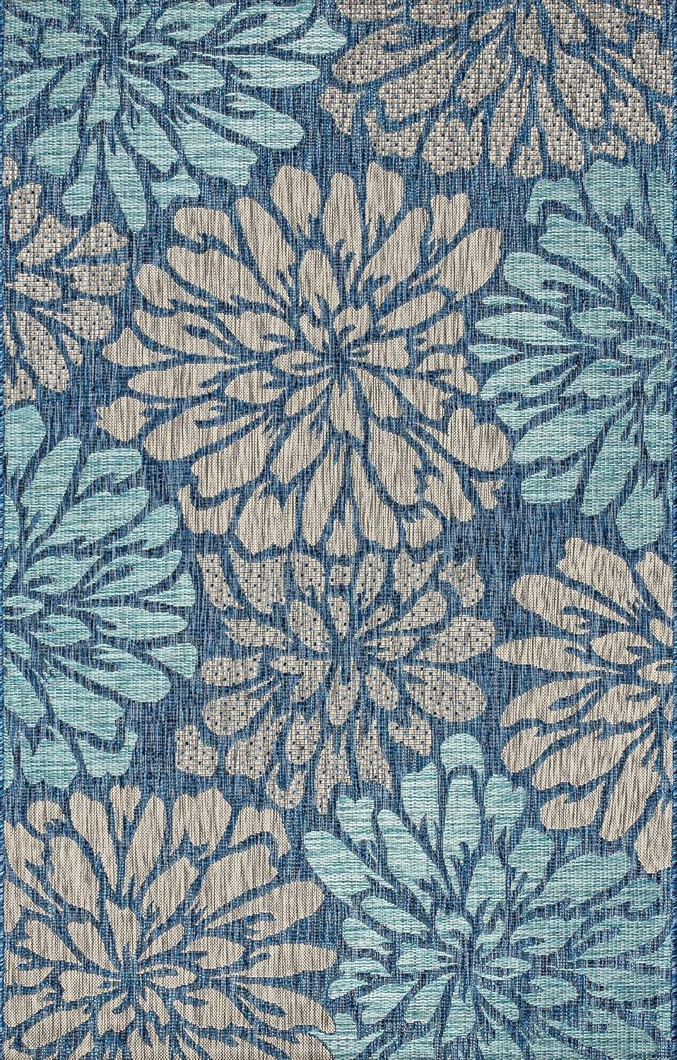 5×8 Pet Friendly Floral Area Rug Navy Aqua Easy Clean Durable for High Traffic