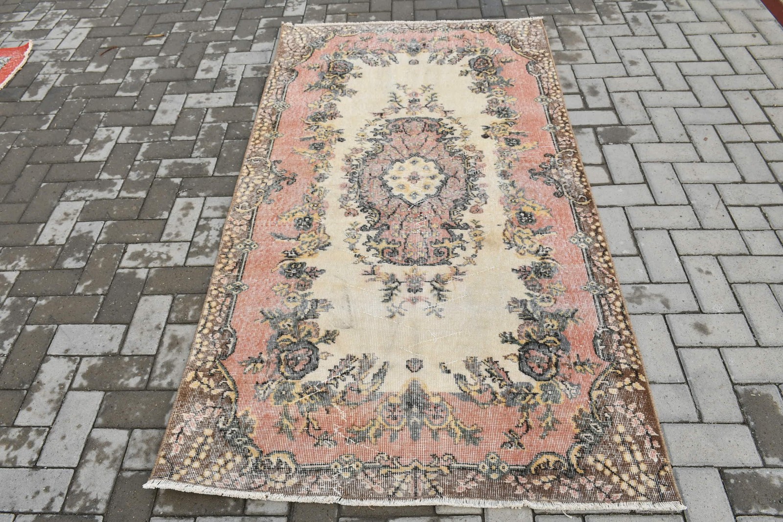 3,7×6,8 ft Turkish Rug, Red Striped Vintage Wool Rug