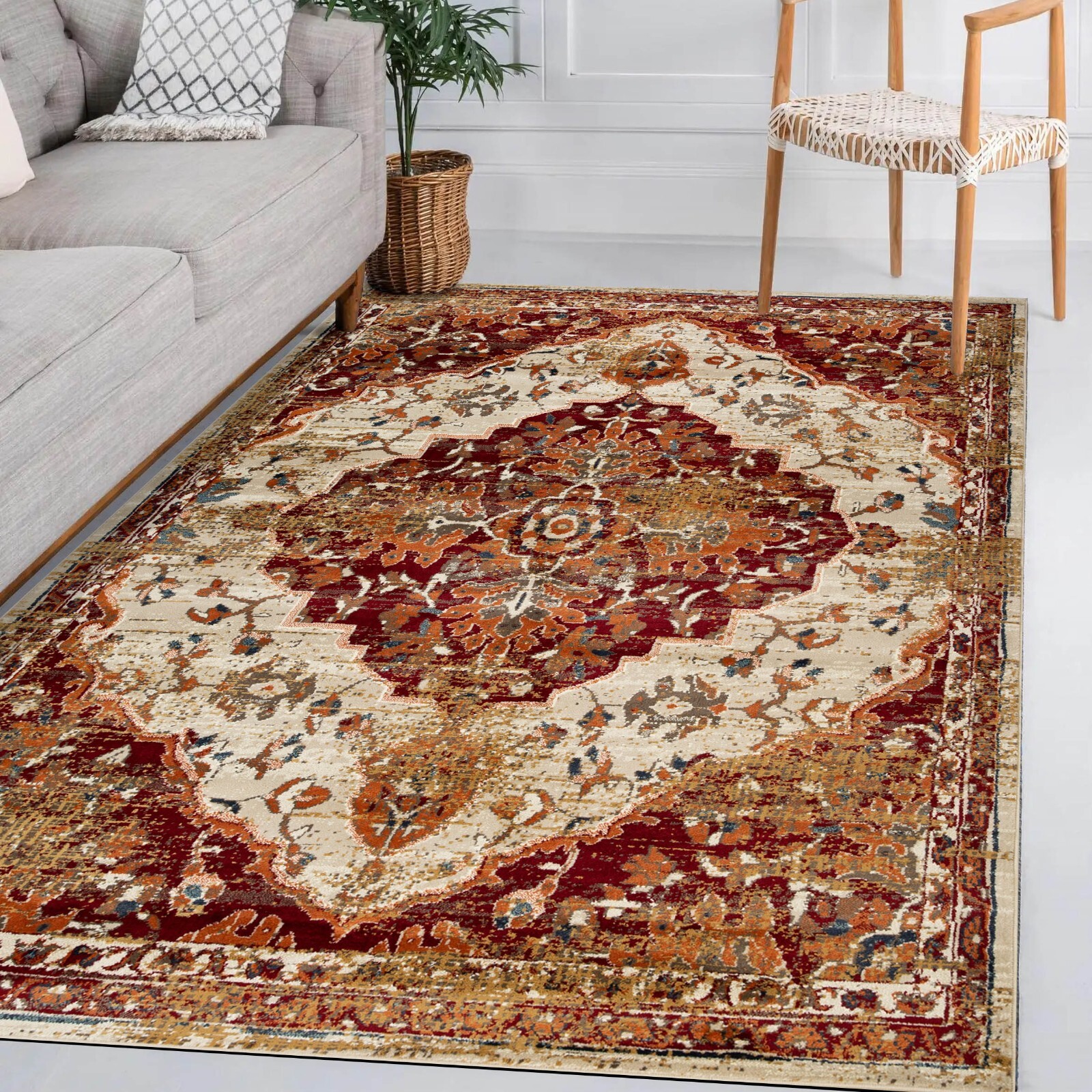 Abena Vintage Traditional Medallion Antistatic Rugs Jute Backed Indoor Area Rug
